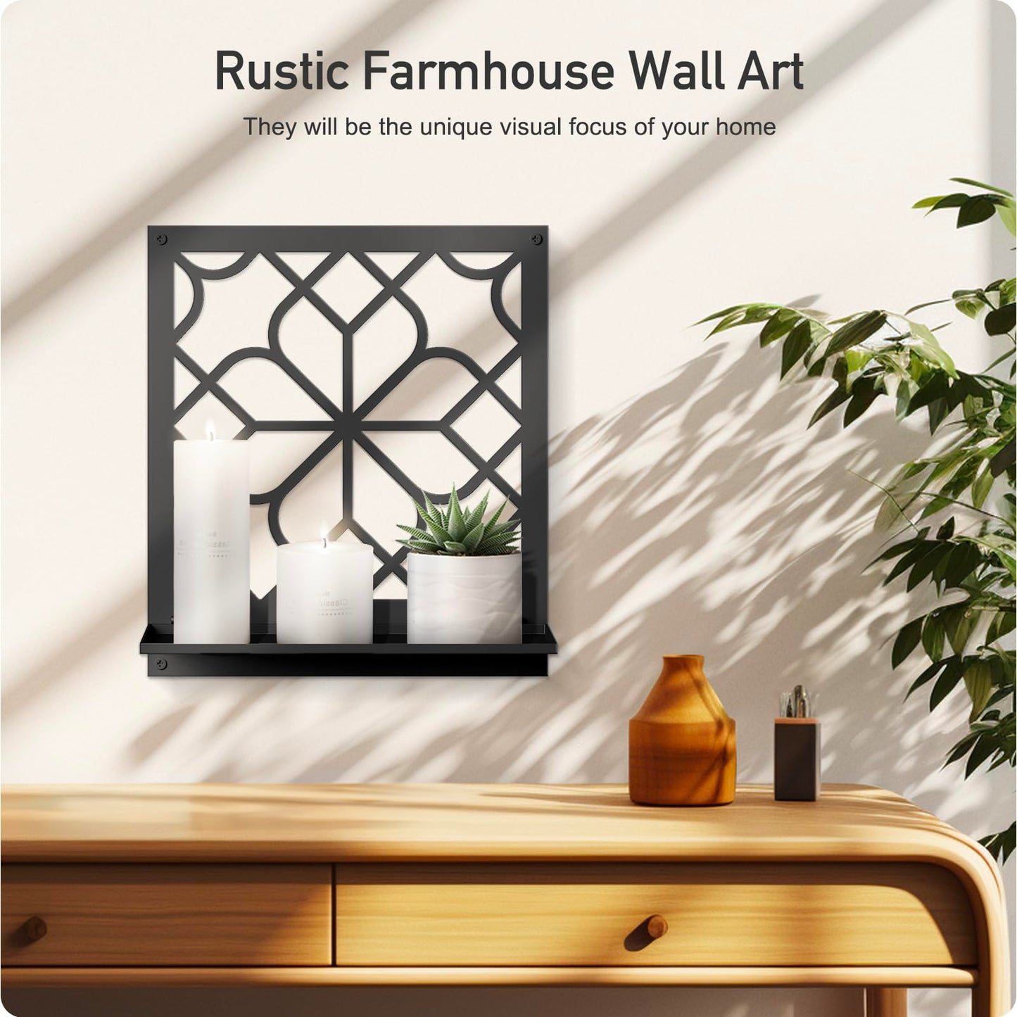 Black Metal Wall Candle Holder Set of 2, Square Rustic Farmhouse Bathroom Wall Decor, Modern Boho Aesthetics Line Art for Entryway, Hallway, Living Room, Bedroom (11.8 x 13 in)