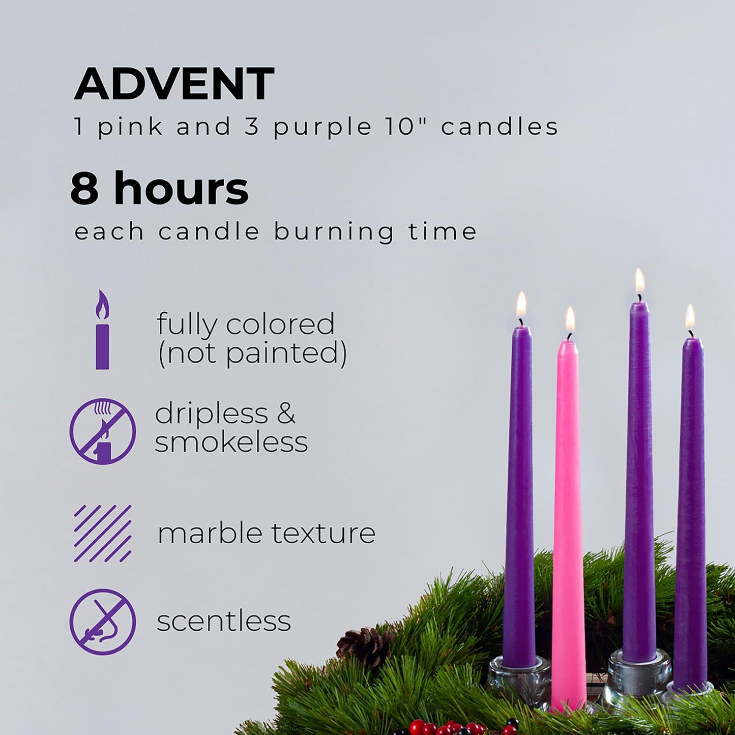 CANDWAX 10 Inch Advent Taper Candles Set of 4 - Long Burning Dripless Unscented Tapers - Perfect for Advent Wreaths, Christmas Décor - 3 Purple Tapers, 1 Pink Tapered Candle