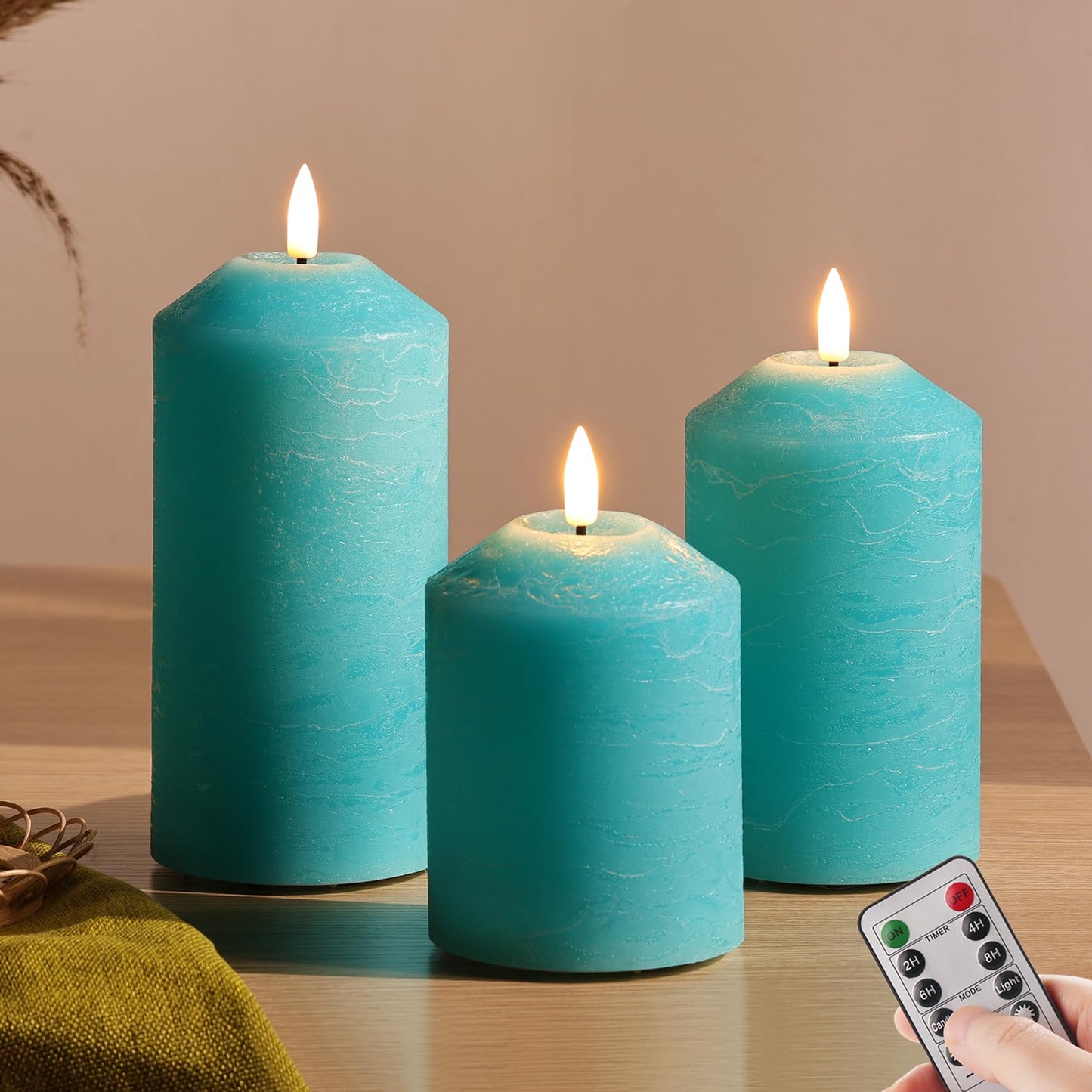 Eywamage Turquoise Blue Flameless Pillar Candles with Remote, Flickering LED Candles Battery Powered Real Wax Set of 3
