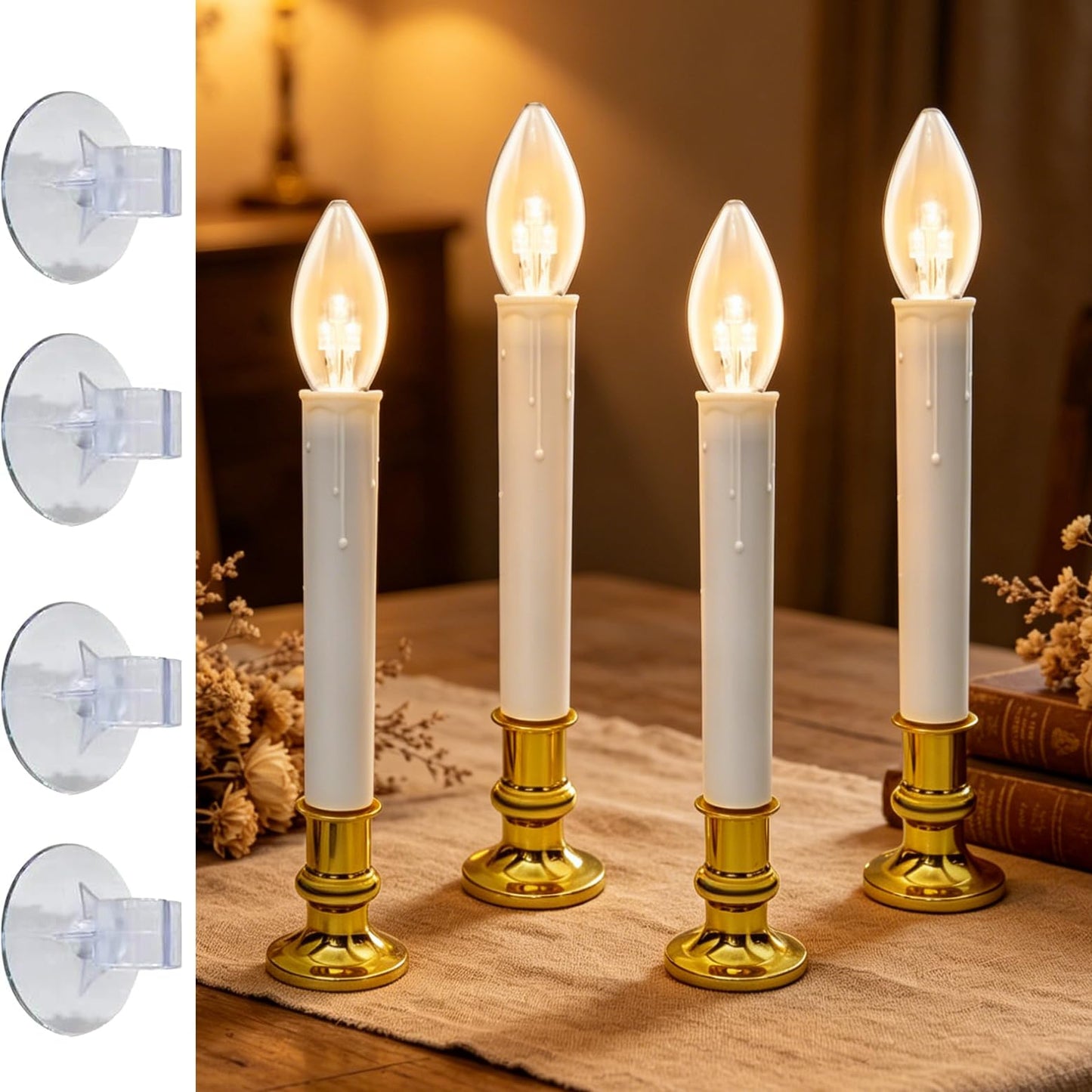 Xingzd 4 Pack Battery Operated LED Window Candles with Timer 6-18h, 7.75" Flameless Candle Lamp with 4 Suction Cups & Gold Holders & C26 Clear Bulbs for Christmas Holiday Decoration