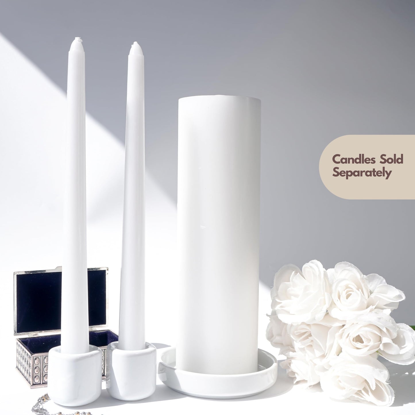 Unity Candle Holders and Vase Set, White Porcelain Candleholders for Taper Candles and Vase for Pillar Candle, Set of 3, Minimalist Round Ceramic Candle Holders, Great for Wedding Candle Set