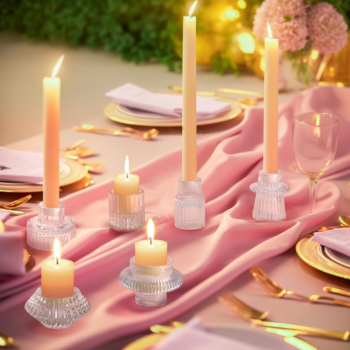 6PCS Taper Candle Holders Clear Glass Candlestick Holders Ribbed Glass Taper Candle Holders for Christmas Events Party Wedding Reception Table Centerpiece Decorations