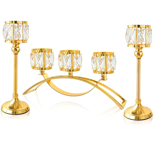 3 Arms Crystal Bowl Tealight Candelabra Votive Candle Stand, Wedding centerpieces for Tables Crystal Candlestick，Centerpiece Table Decorations (Set of 3 Pure Gold)