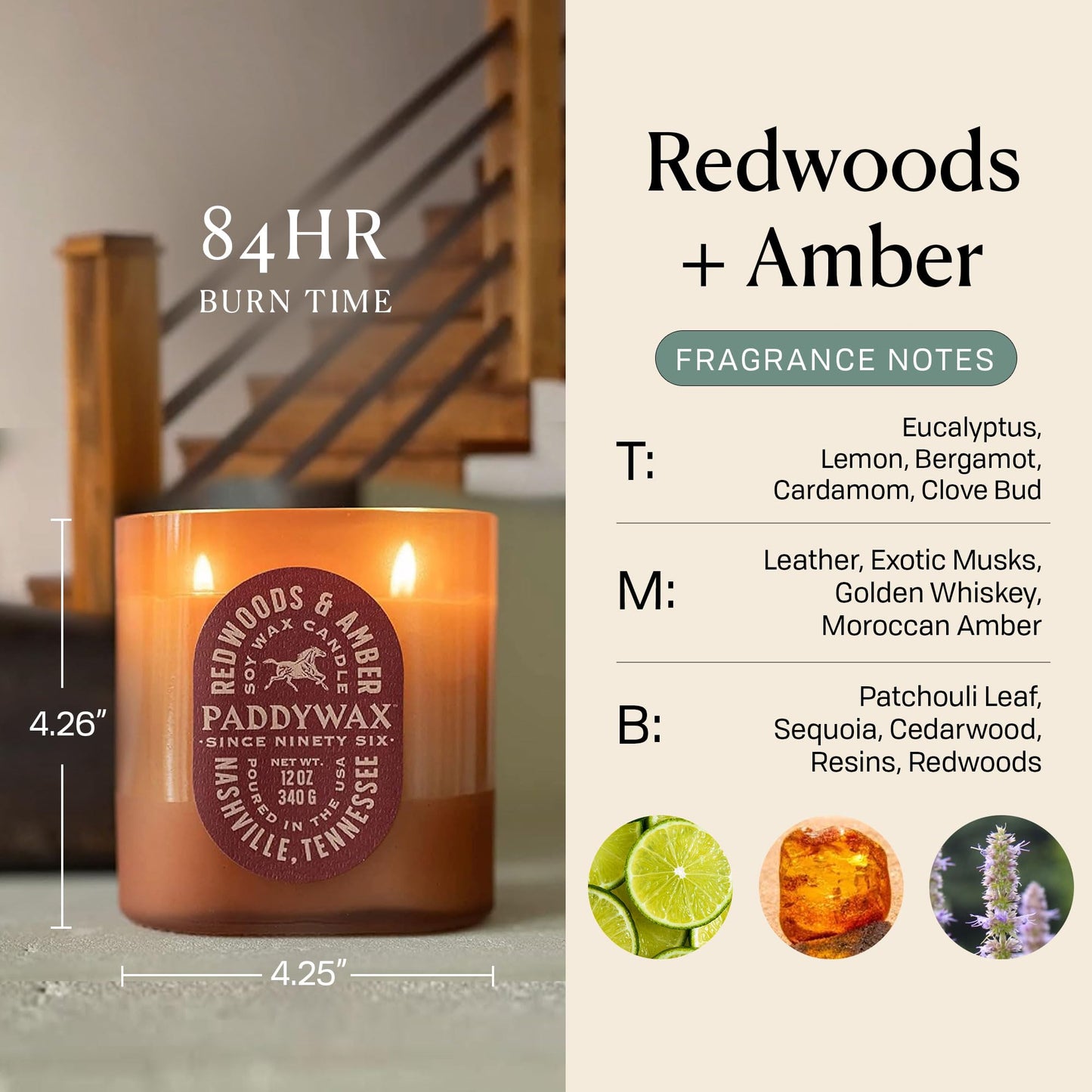 Paddywax Vista Scented Candle with Lid in Reusable Tonal Glass Jar, Clean-Burn 2-Wick Soy Candle with Approx. 84 Hour Burn Time, Decorative Gift Candles for Home, Redwoods & Amber, 12 oz