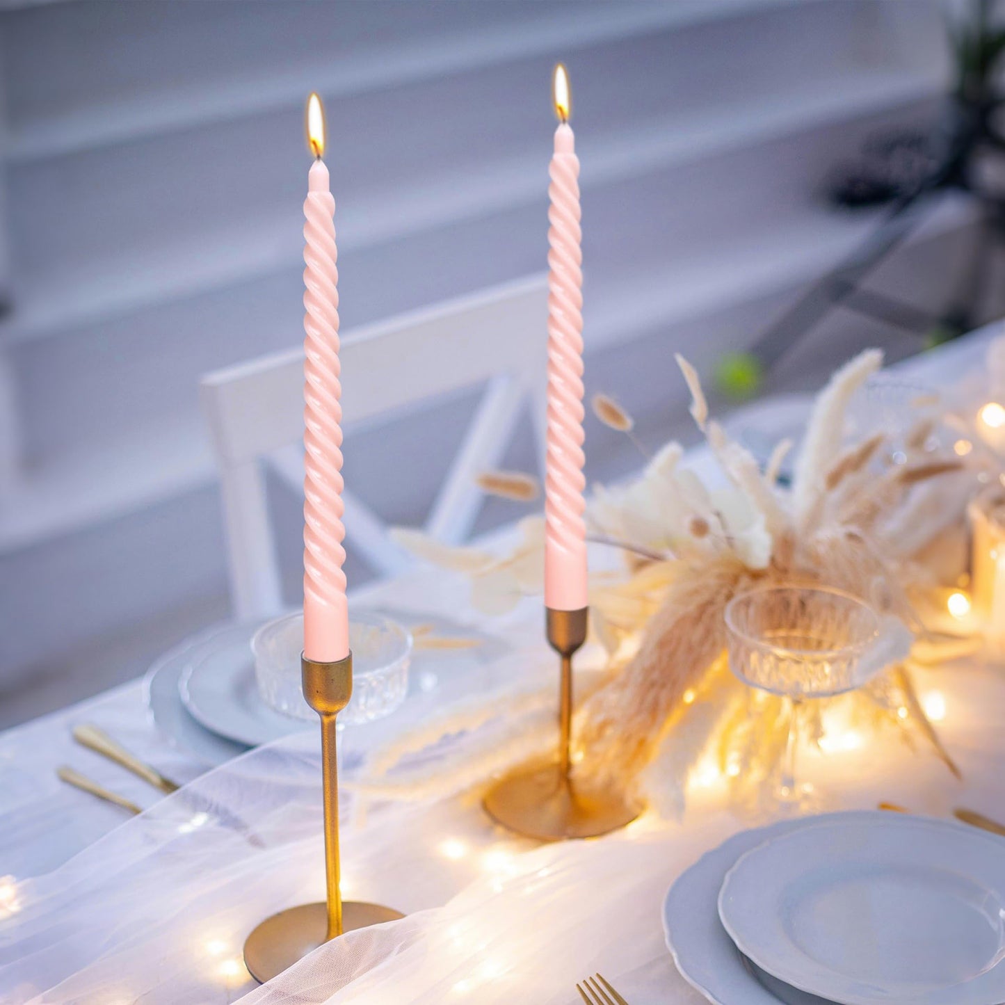 10 Inch Champagne Pink Spiral Taper Candle Set, 10 Pack Unscented Dripless Candlesticks for Celebrations Festival and Dinner Party Wedding Home Decor