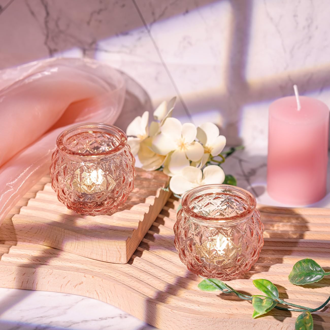 DARJEN Pink Votive Candle Holders Set of 24- Round Glass Candle Holders Bulk for Flameless LED Tea Waxes, Romantic Candle Holder for Wedding & Home Table Decor, Various Parties