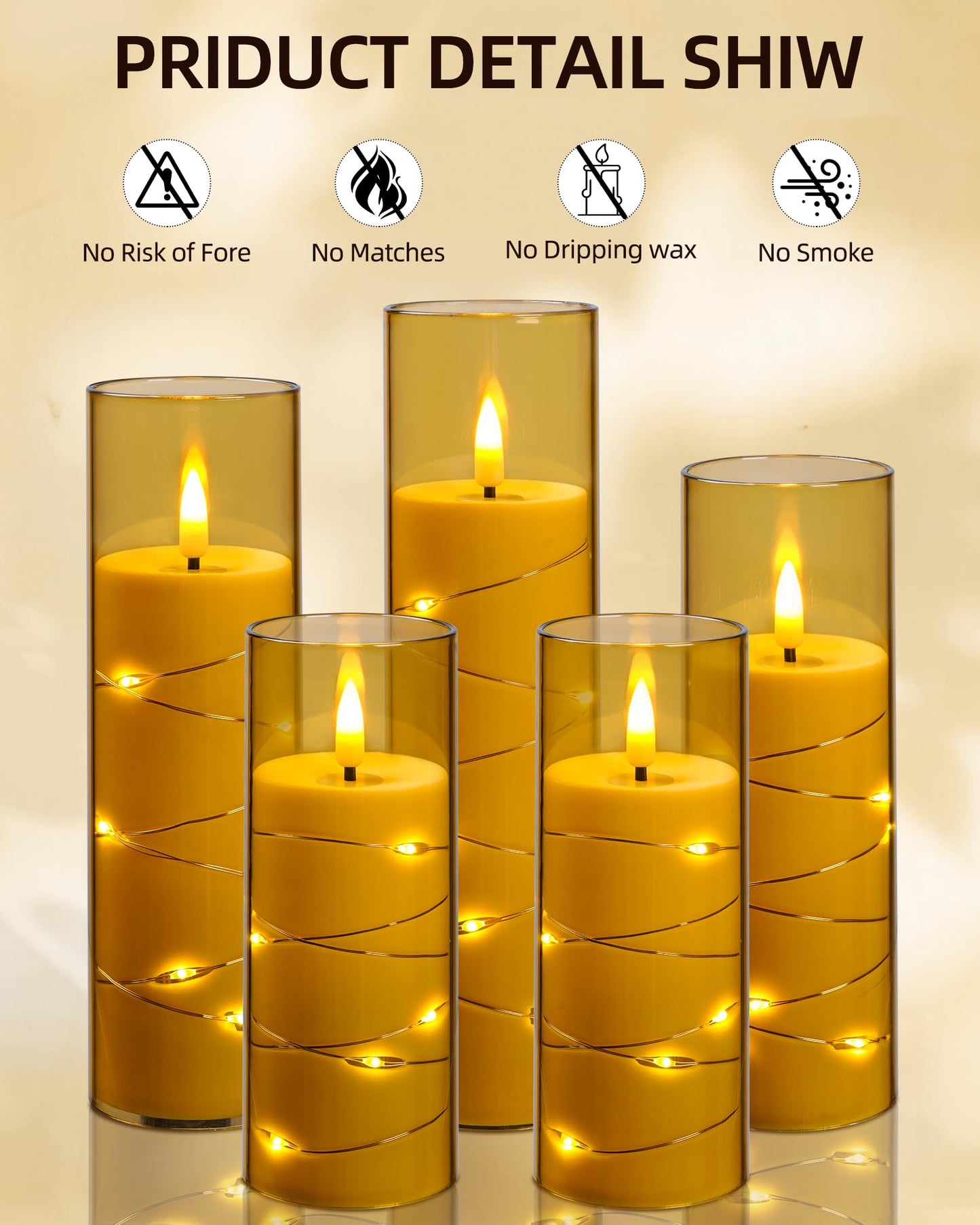 Da by Flameless Candle Light, Battery Candle with recessed String Lights, 5 flameless Candles with 11-Key Remote Control, 24-Hour Timer Function, Champagne Color (Pack of 2)