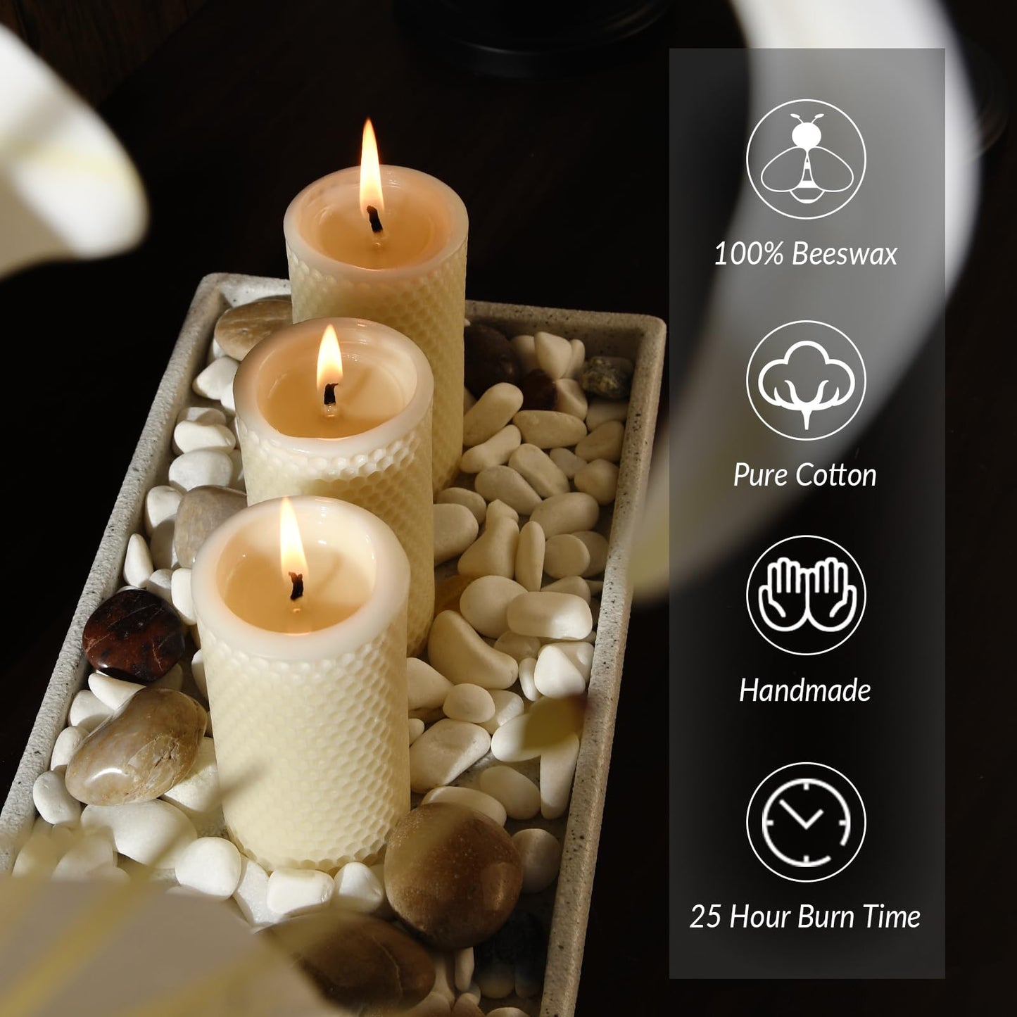 Pure Natural Beeswax Pillar Candles - Pack of 3 - Honeycomb Surface, No Scent- for Emergency/Prayer/Relax (2inch Diameter, 4 inch Tall - Off White)