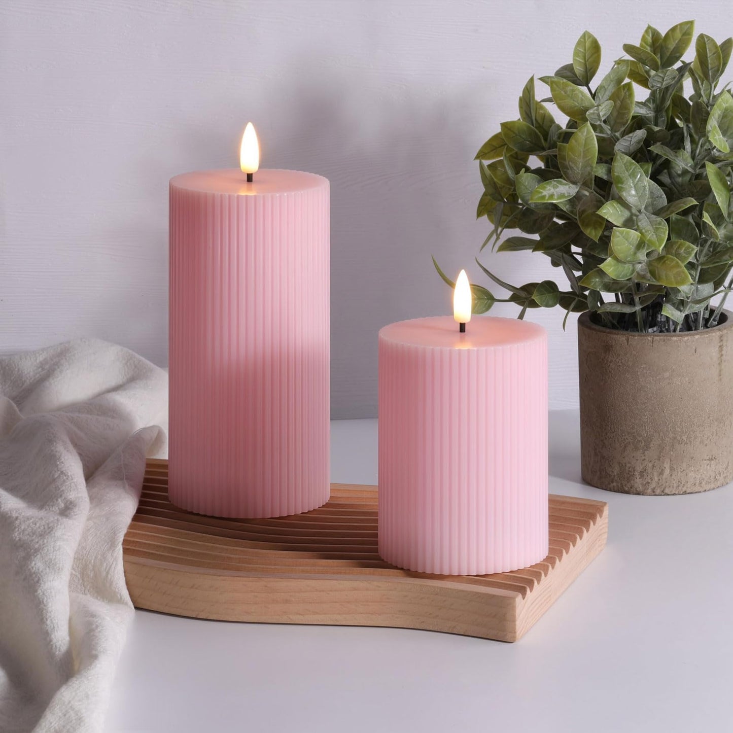 Girimax Pink Ribbed Flameless Pillar Candles with Remote, Flickering LED Wax Candles Battery Operated Set of 2