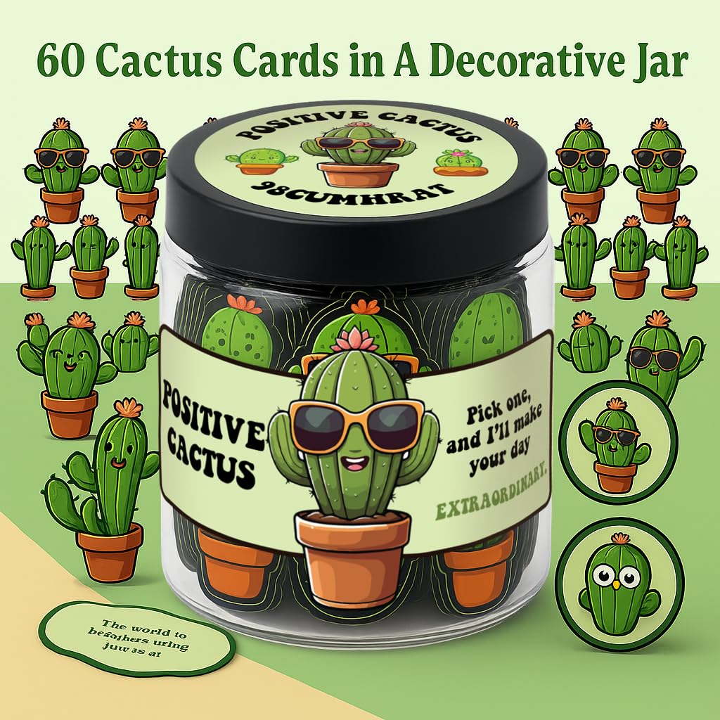 60 Positive Cactus Cards, Succulent, Positive Pickle Gifts for Women, Funny Pickle Gifts, Valentines Cards, Christmas Female - Birthday (Positive Cactus)