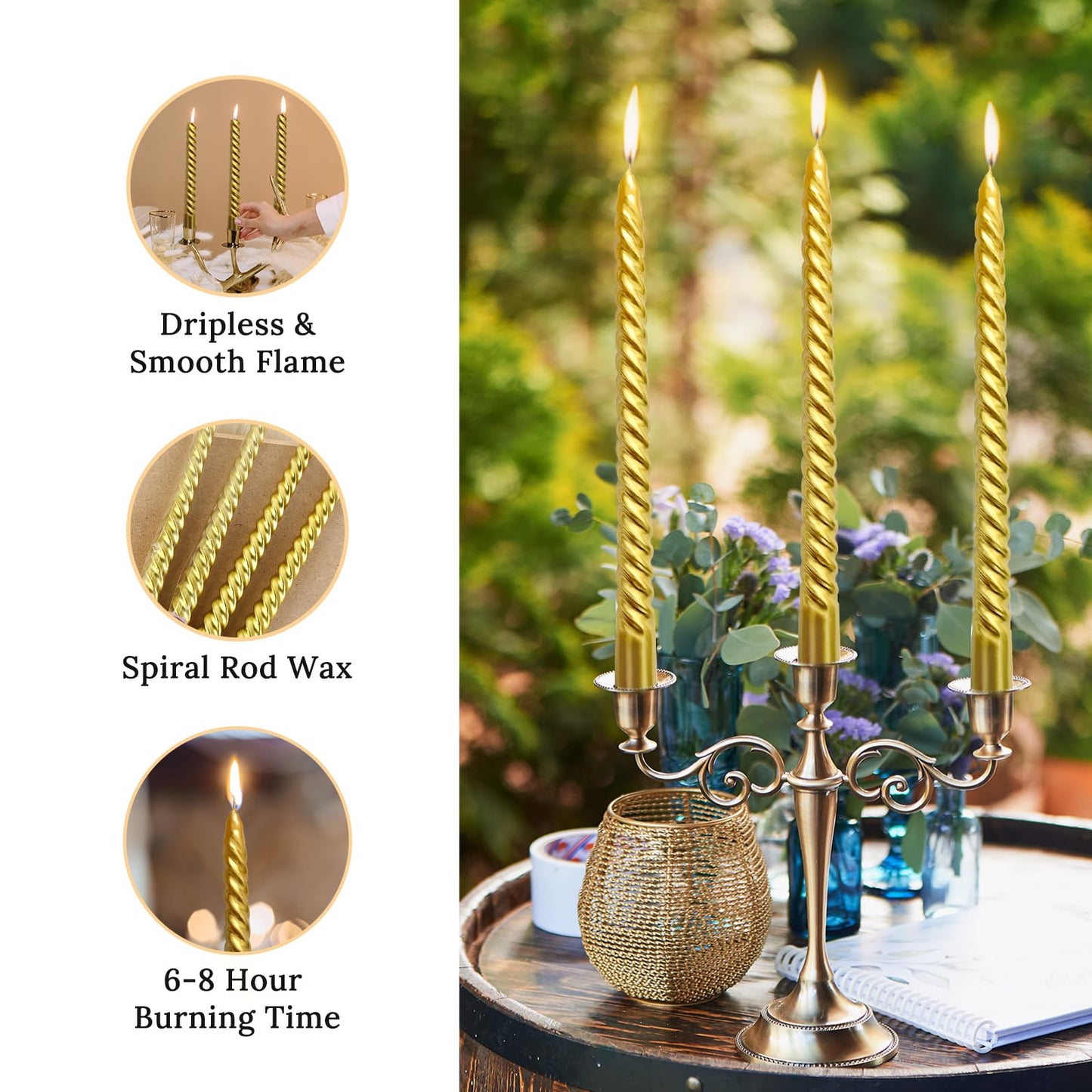 10 Inch Gold Spiral Taper Candles Set for Christmas, 12 Pack Unscented Twisted Candlesticks, Dripelss Thin Tapered Candles for Holiday Party Decoration