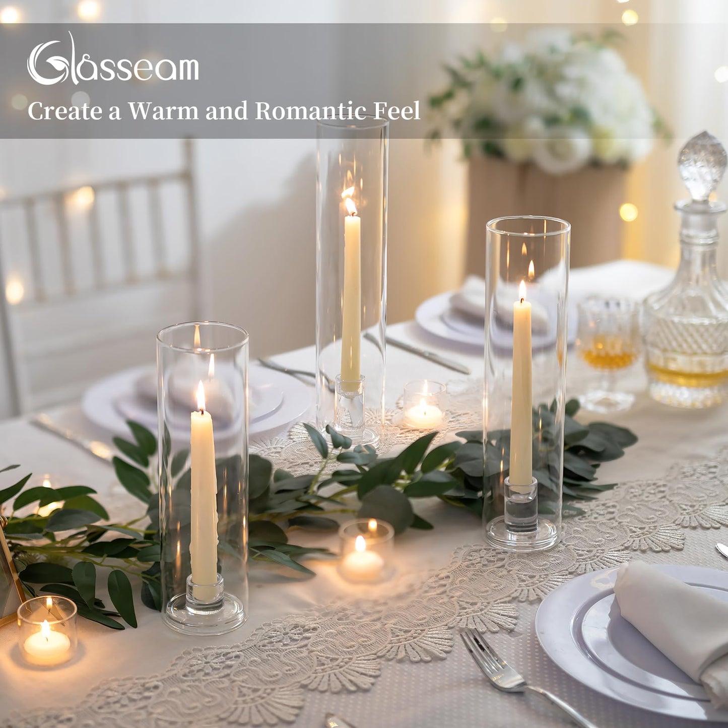 Glasseam Hurricane Taper Candle Holders: Set of 3 Glass Candlestick Holders with Clear Tall Cylinder Candle Sleeves for Centerpiece Table Outdoor Wedding Home Decor 9.84''/11.84''/13.78''