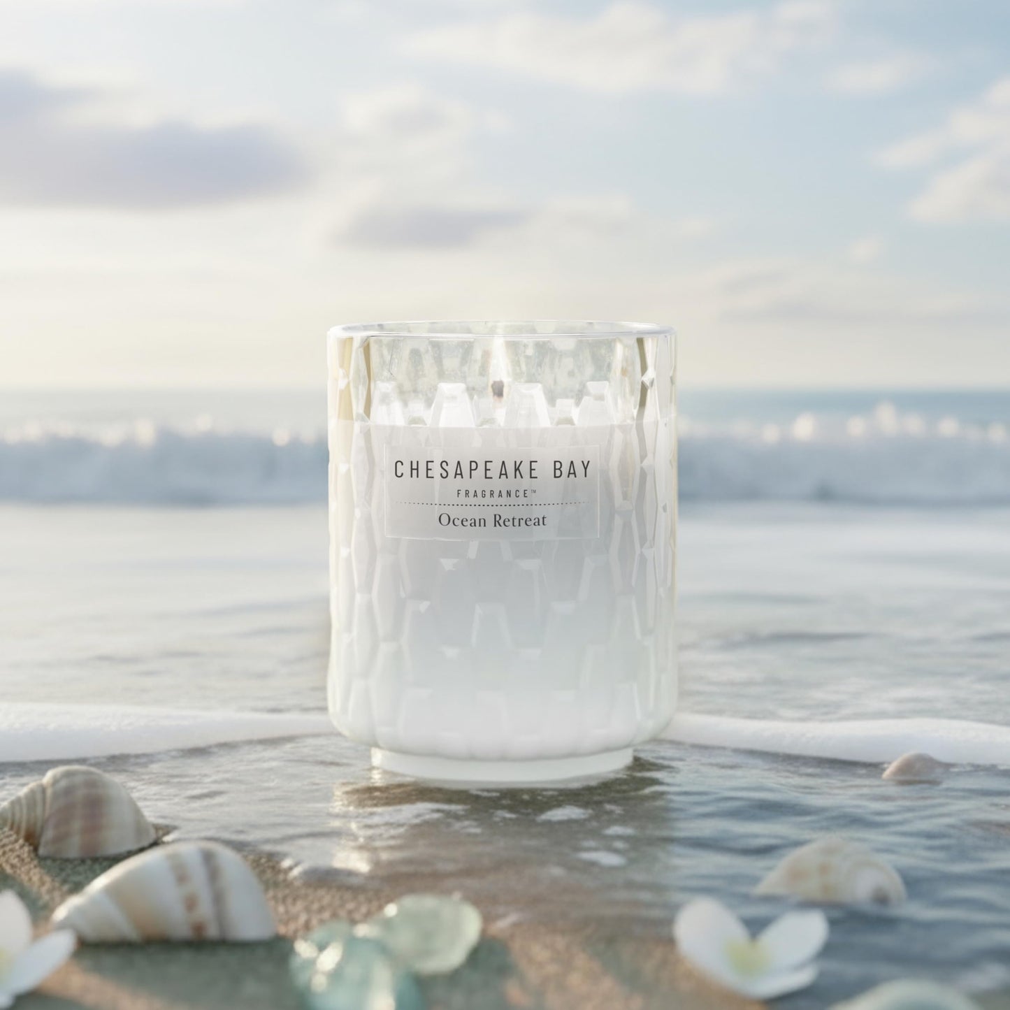 Chesapeake Bay, 8oz Ocean Retreat Scented Candle, Mood Evoking Fragrance, Textured Sea Glass-Inspired Jar, Premium Soy Blend Wax with Essential Oils, Coastal Fragrance for Home Décor or Gifting