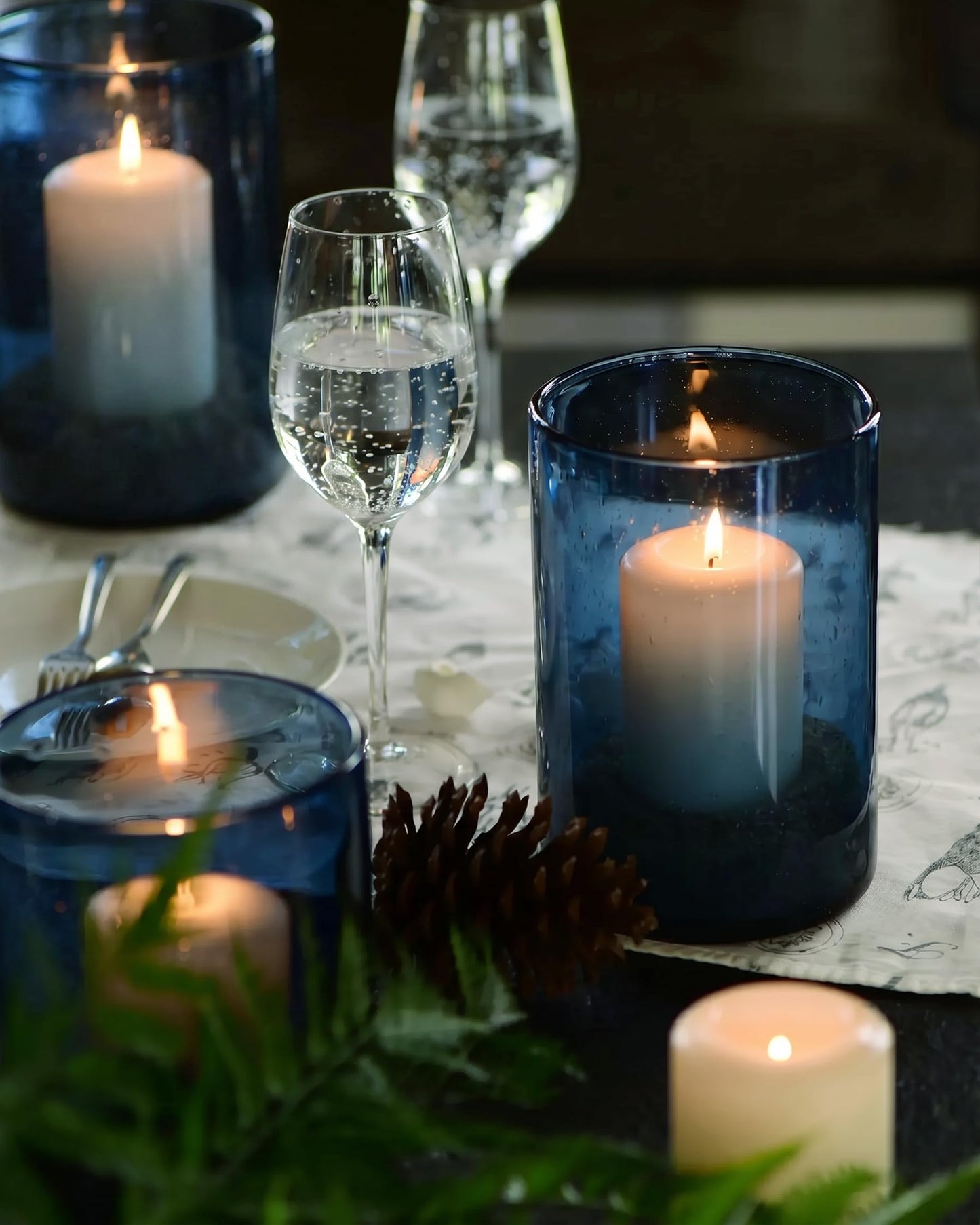 ARIAMOTION Glass Hurricane Candle Holder for Pillar Blue Cylinder Vase Flower Centerpiece Seeded Bubbles Modern Table Decoration for Kitchen Living Room 8 Inch 5 inch Diam