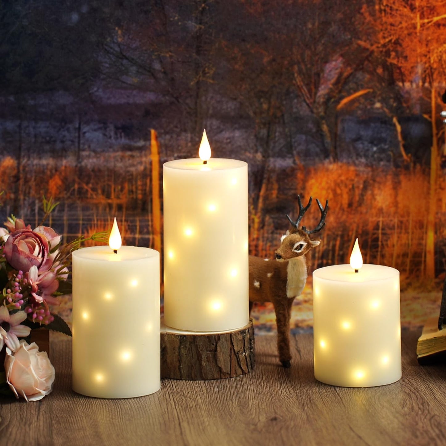 JINYANIA Flameless Candles with Embedded Star String, Real Wax Battery Operated Candles with Remote Timer, Flickering Pillar LED Candle Set for Home Decor Romantic Ambiance （Ivory）