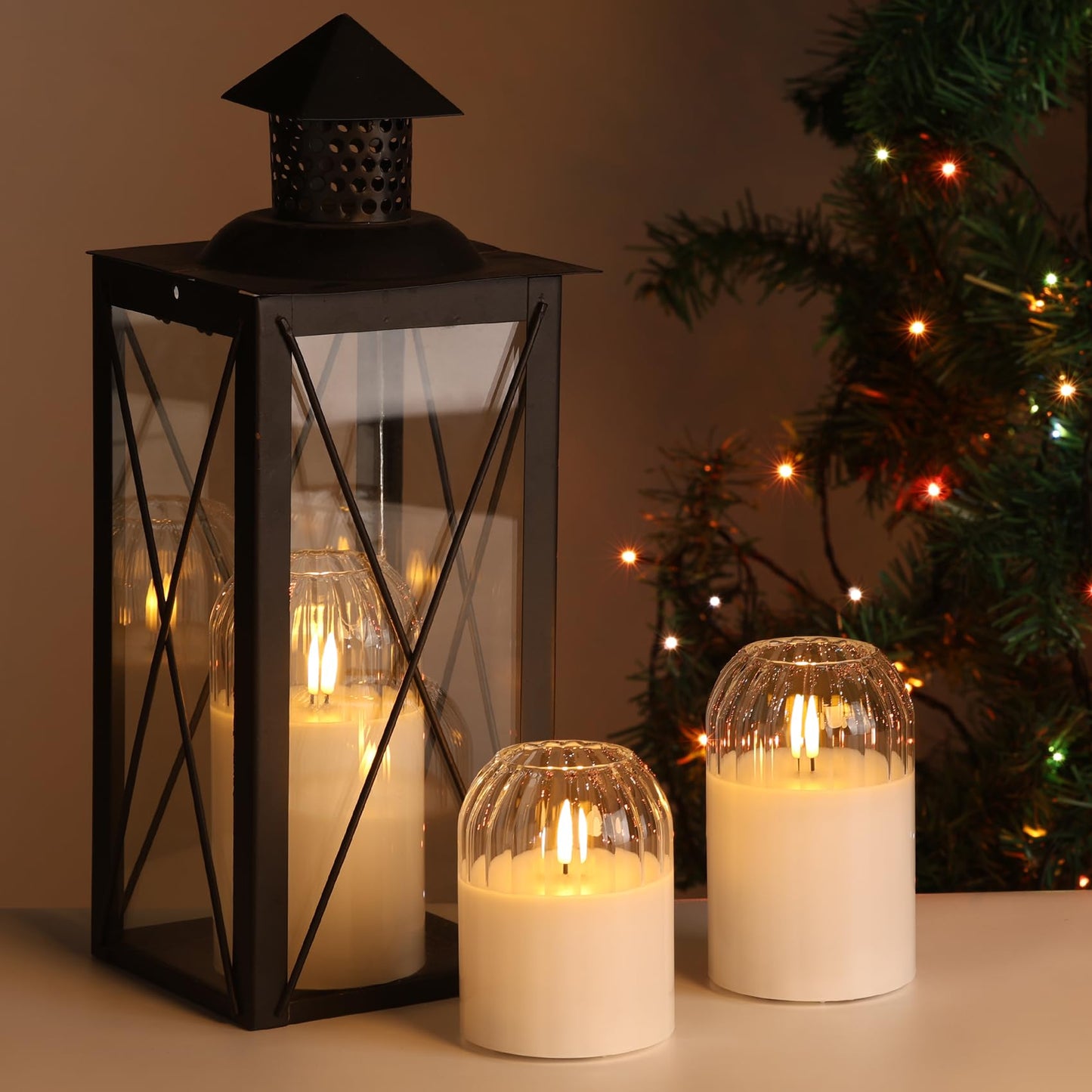 Girimax Clear Glass Flameless Candles with Remote, Flickering LED Pillar Candles Battery Powered Ribbed Dome Top Set of 3