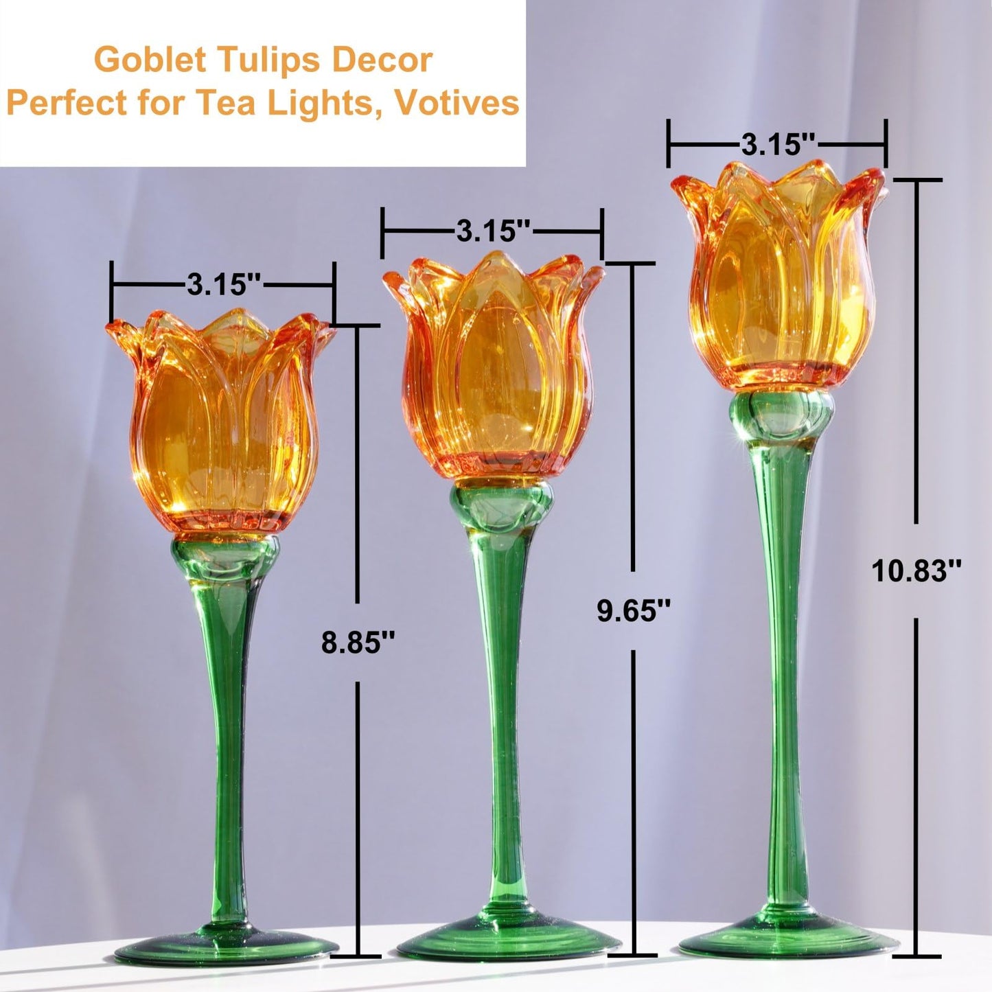 VOHO Orange Tulips Votive Candle Holders for Spring Decor, Elegant Tall Glass Candle Holder Centerpiece Table Decorations, Tulip Tealight Candle Holder for Wedding for Women(Set of3)