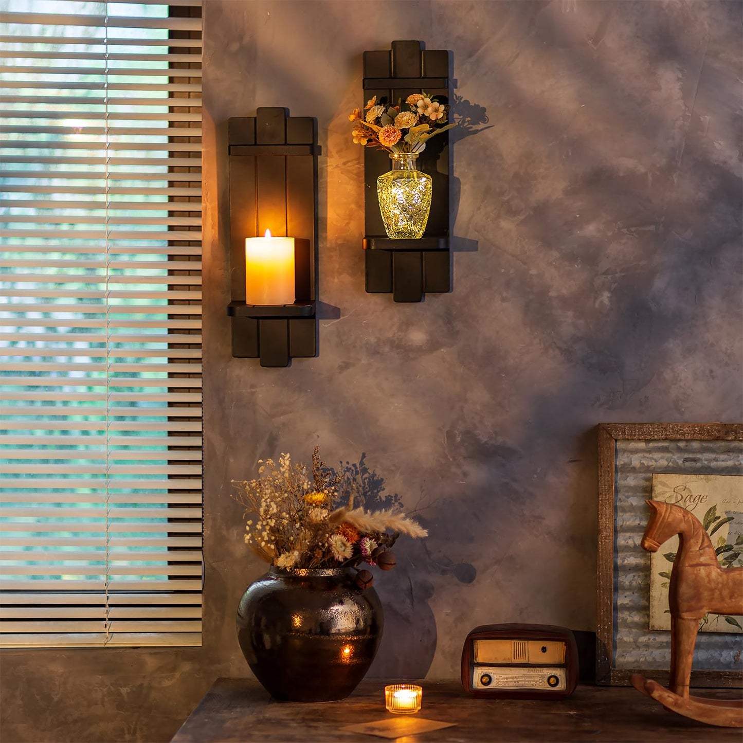 Candle Sconces Black Wall Decor Set of 2 - Wood Wall Candle Holders Set of Two for Small Plants Pillar Candles Tealight - Gothic Distressed Decor for Living Room