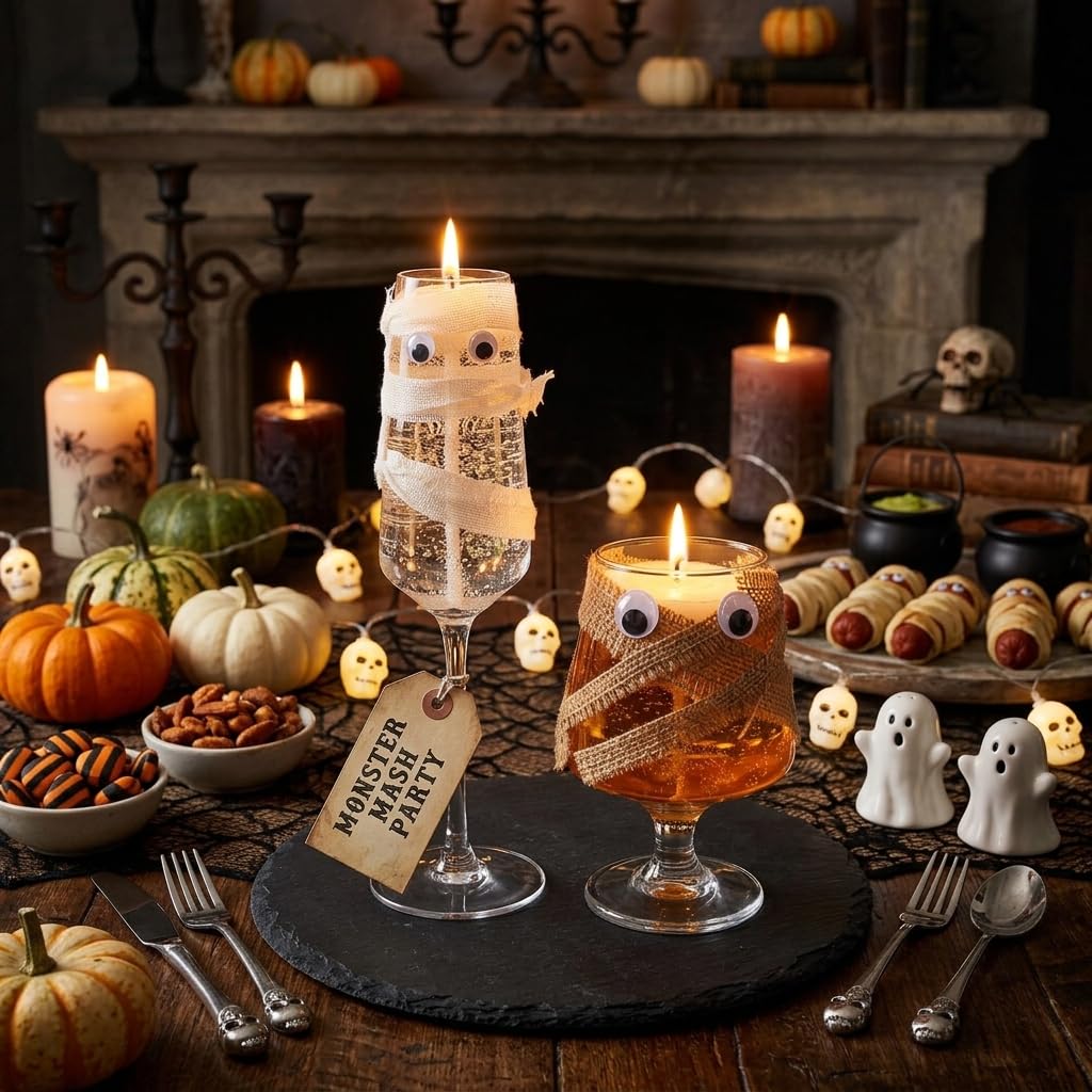 Candle Halloween Mummy Wine Glass Decorations, Summerween Orange and White Party Glasses with Googly Eyes, Spooky Candle Set, 2 Pack