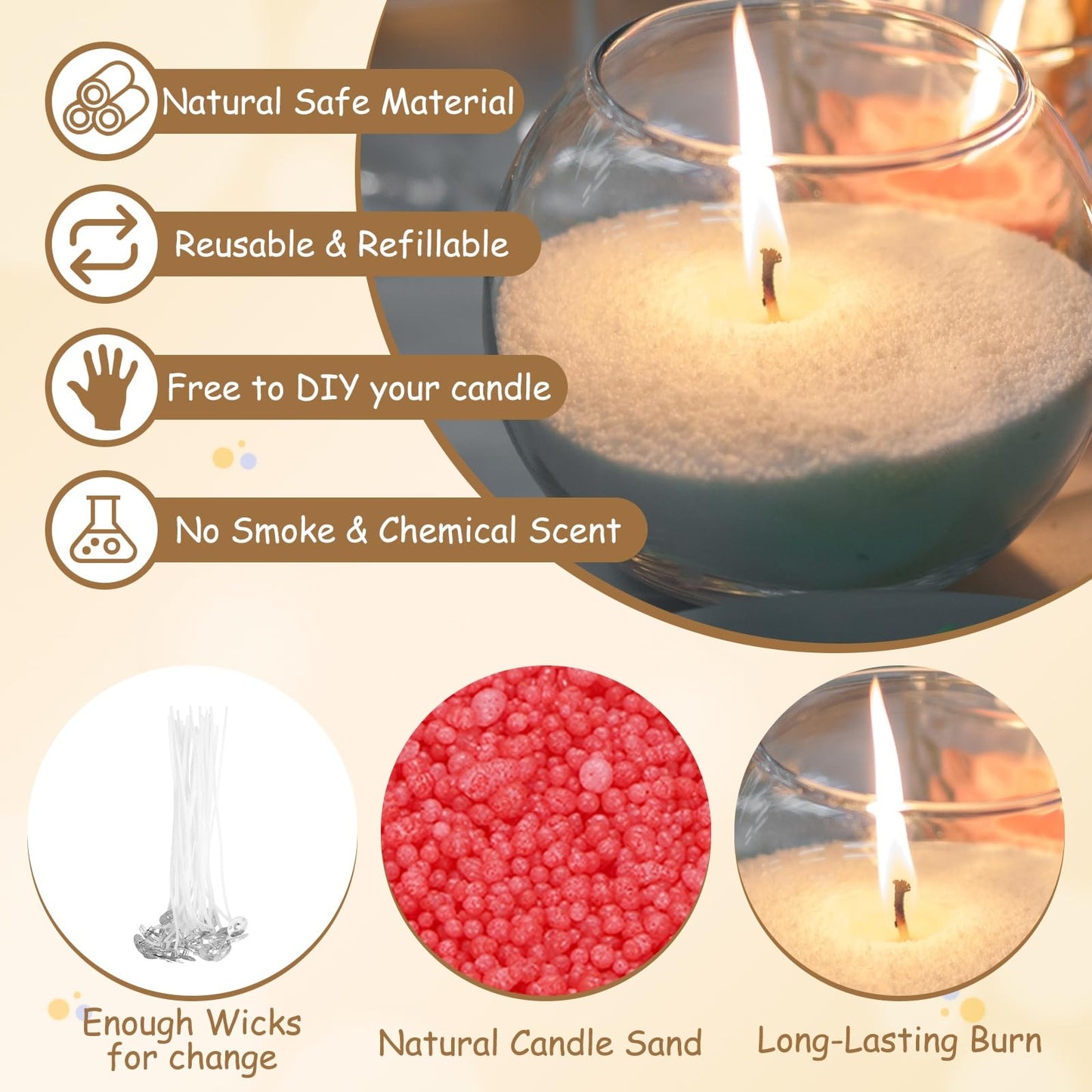 MECCANIXITY Pearled Sand Candles with 50 Pcs Wicks 21Oz / 600g Candle Beads Refillable Powder Sand Wax Making Kit for Thanksgiving Christmas Wedding Party DIY Home Crafts, Red