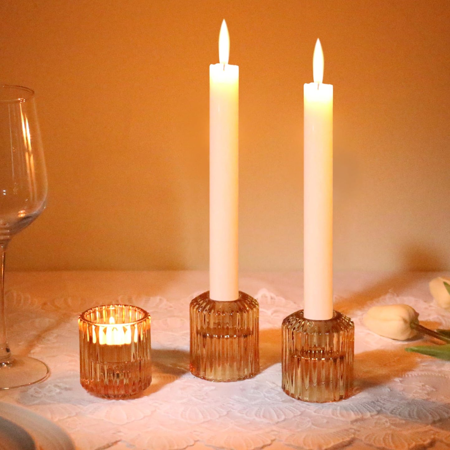 CHOCSTAY Reversible Amber Glass Candle Holder Set of 6, Thick Heat-Resistant Glass Candlestick Holders for Taper, Tealight, Votive, LED Candles, Perfect for Wedding, Party, Home Décor