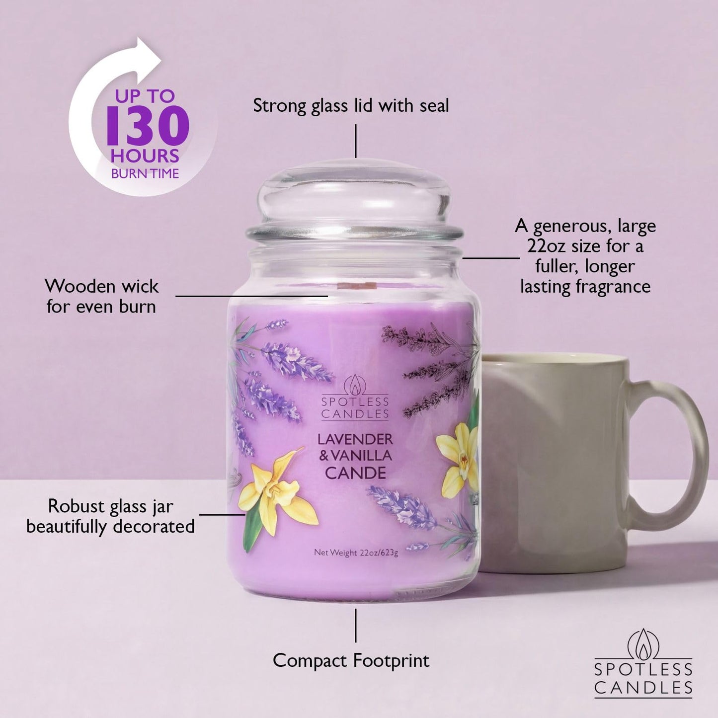 Spotless Leopard Vanilla & Lavender Candle 22oz Glass Jar with Wooden Wick in a Decorated Jar Within a Presentation Gift Box and Protective Shipping Box