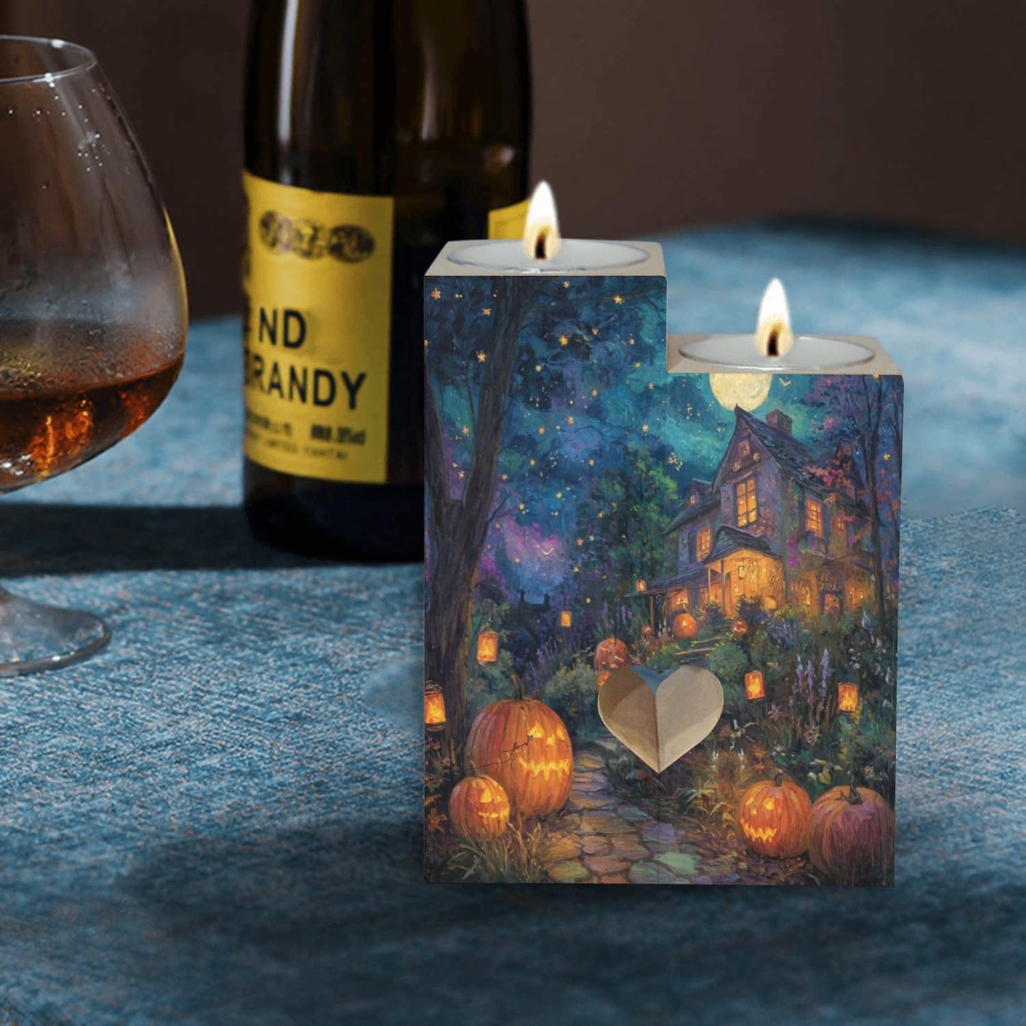 pnyoin Haunted Halloween Castle Night Candle Holders Gift for Women Wooden Heart Candlestick Personalized Christmas Birthday Graduation Friendship Gifts Home Wedding Dinning Party Decorative