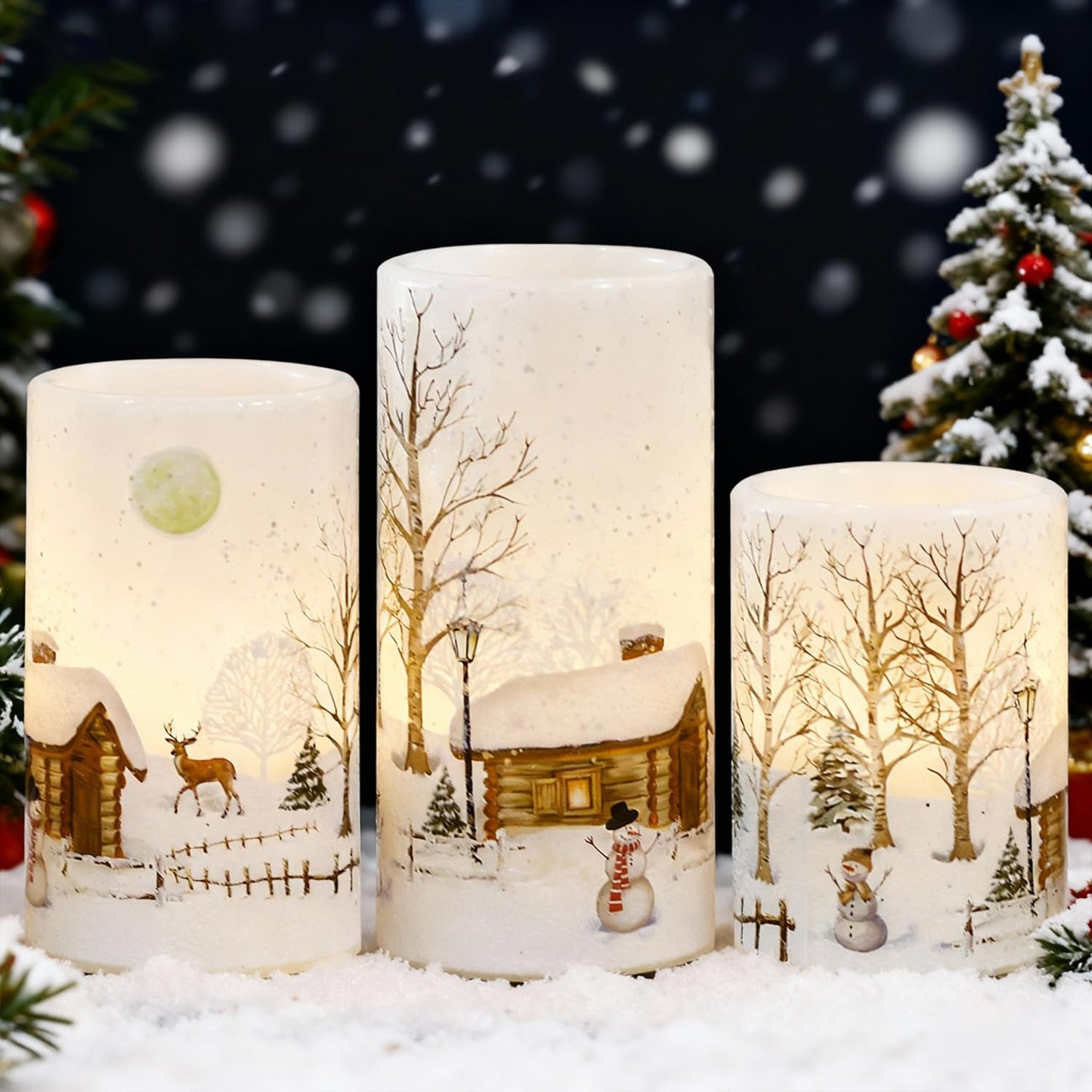 Lasumora Snowman Christmas Flameless Candles with 6H Timer, Real Wax LED Pillar Candles Flickering, Battery Operated Waxy Candles for Home Fireplace Décor Christmas Gifts, 3x4/5/6 inches