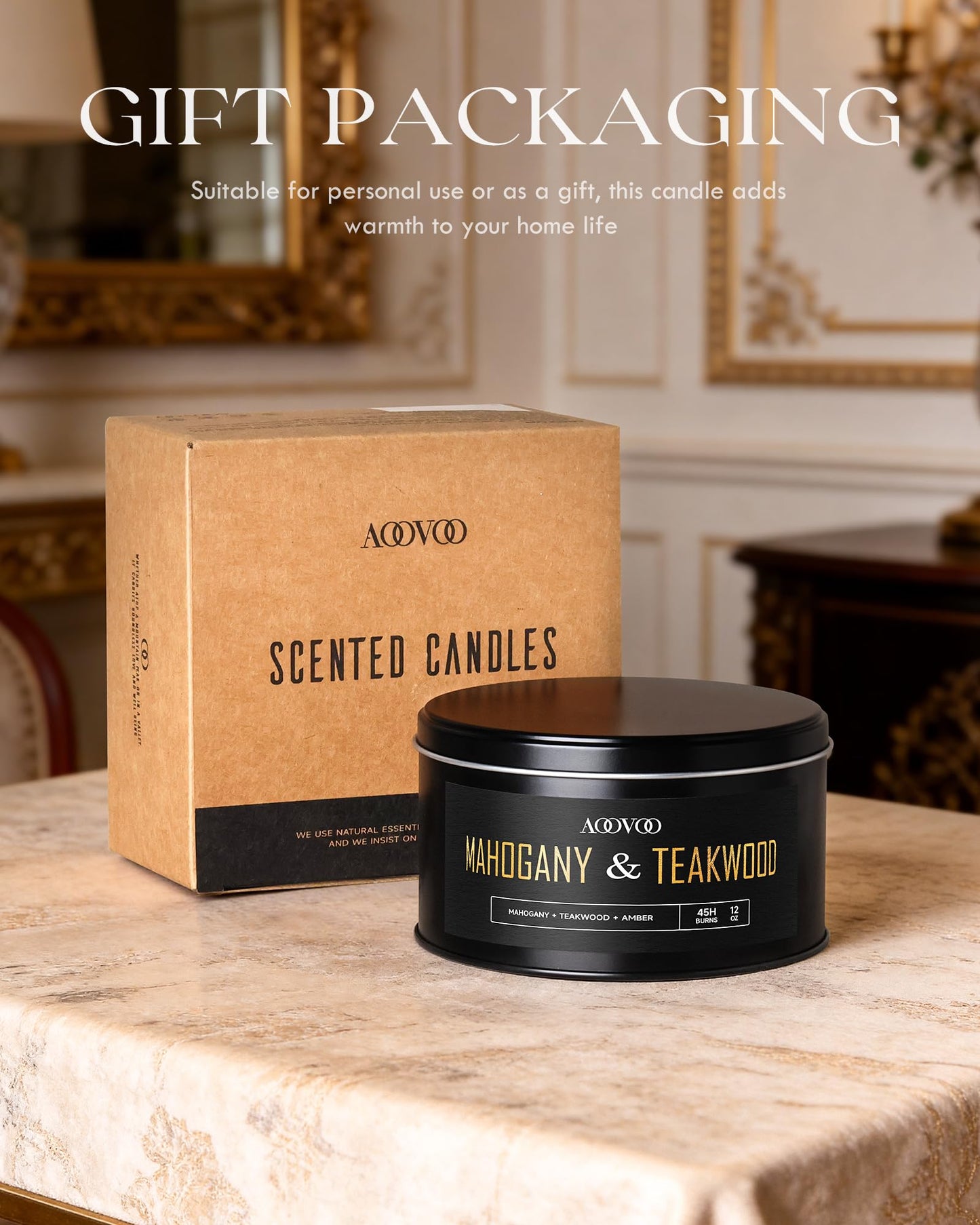 AOOVOO Mahogany Teakwood Candles for Men - 3 Wick 12oz Large Scented Candle, Long Lasting Soy Candles for Home Scented, Strong Fragranced Masculine Black Candle Gift for Women & Men