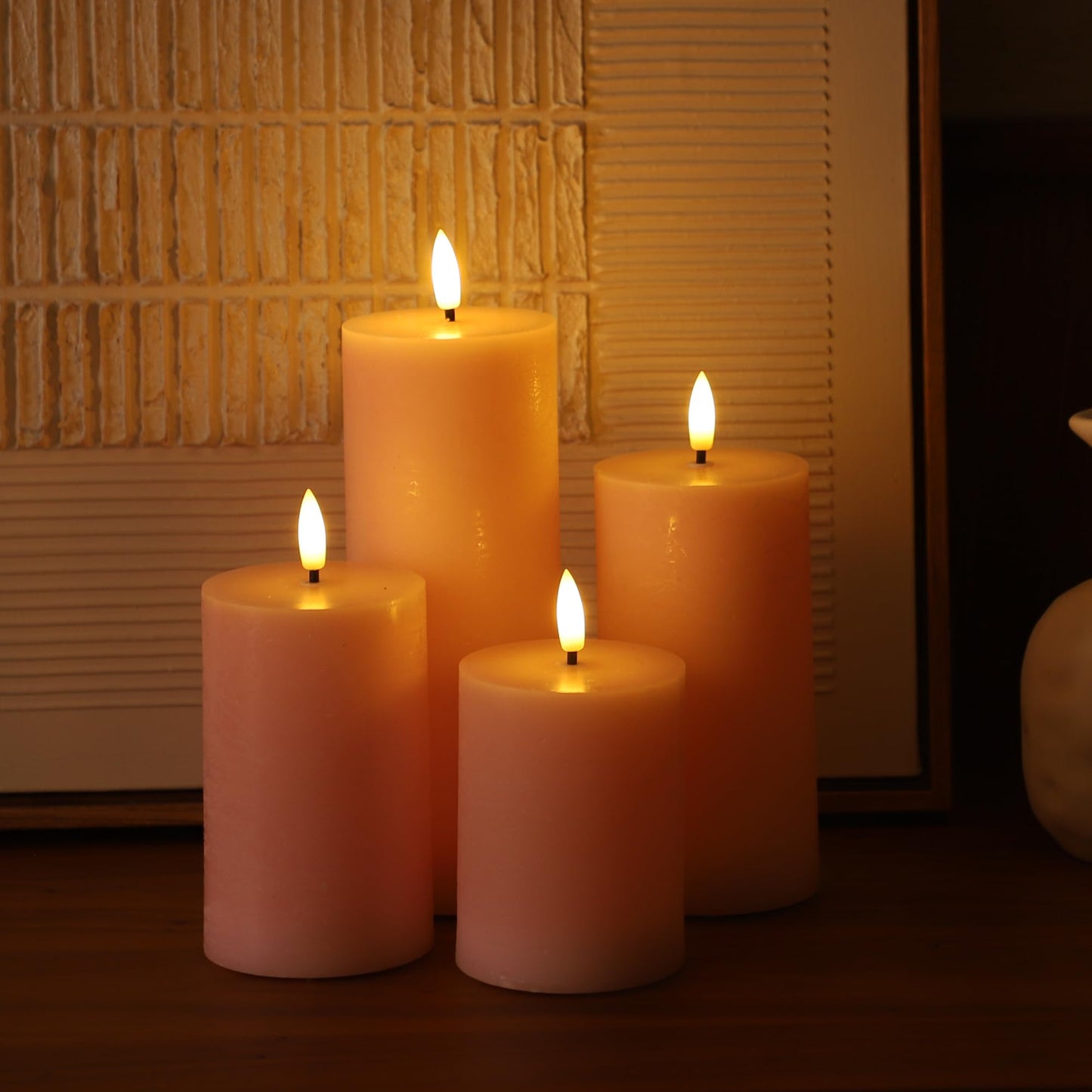 AFINETH Pink Flameless Candles, Real Wax Pillar Battery Operated Candles, Flat Top Flickering LED Pillar Candles with Remote, 4 Pack Fake Candles for Home Party Wedding Romantic Night Decor