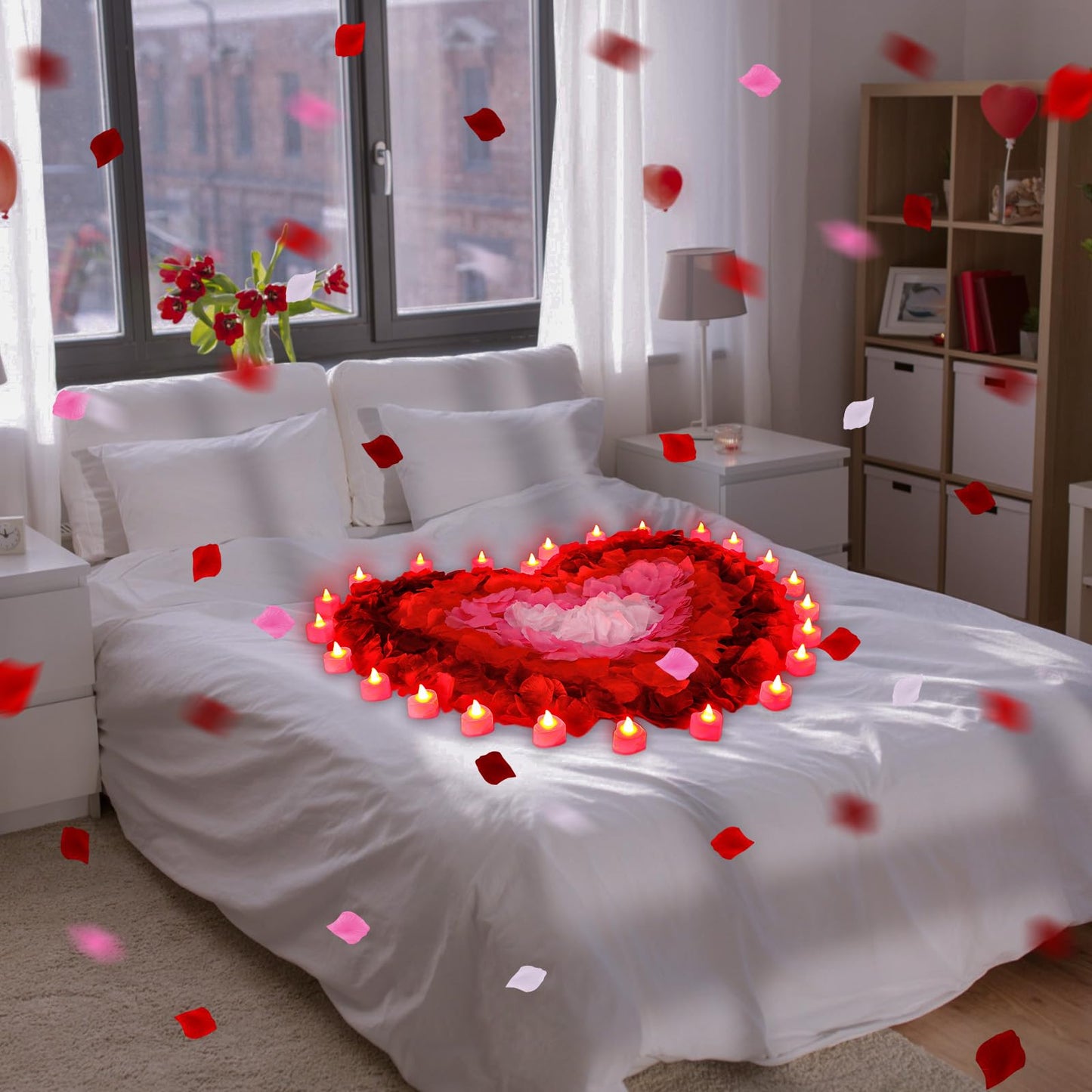 VIHOSE 4000 Pcs Artificial Rose Petals with 24 Pcs LED Tea Lights Candles Flameless LED Candles Fake Rose Petals for Wedding Birthday Party(Red Light, Bright Color Petal)