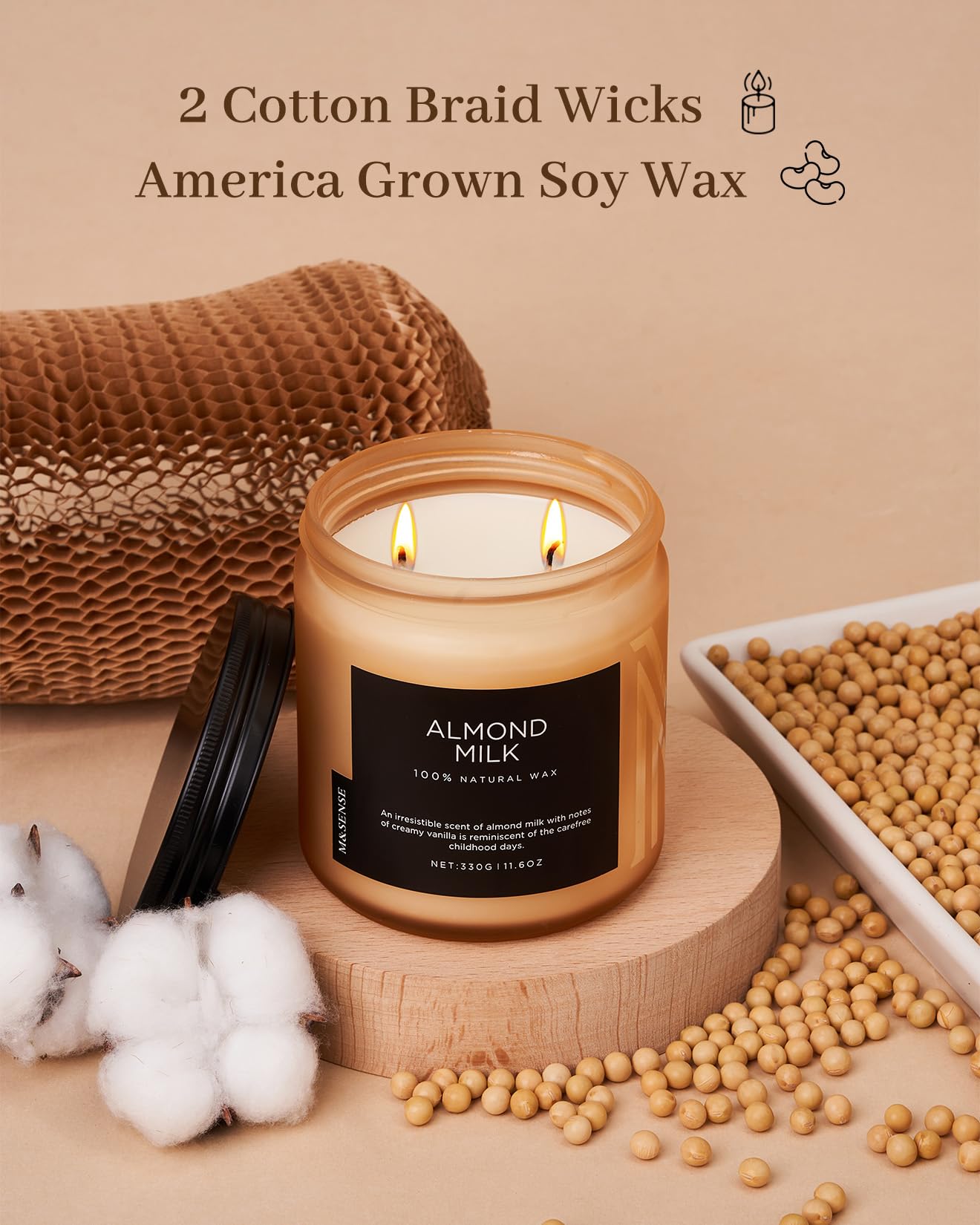 M&SENSE Creamy Vanilla Scented Candle, 11.6oz Clean Non Toxic Home Sweet Scent 70 Hours Burn Time Fragrance Candle for Home Decor 2 Wick Natural Soy Wax