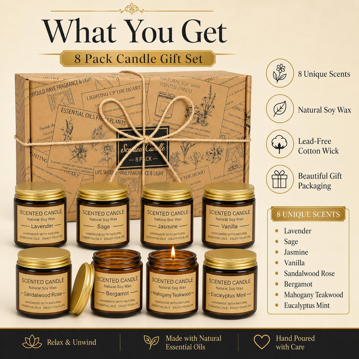 8 Pack Scented Candles, Natural Soy Wax with Elegant Packaging - Reassuring Gifts for Women and Men, Suitable for Valentine's Day, Mother's Day and Christmas
