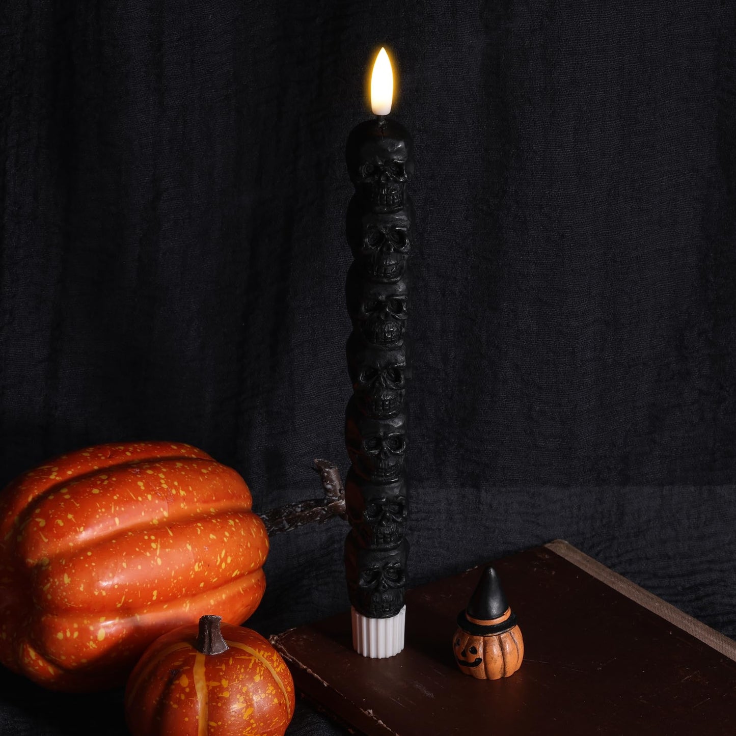 Eywamage Halloween Flameless Taper Candles with Remote, Spooky Black Skull LED Candlesticks Battery Operated Flickering Real Wax Set of 2