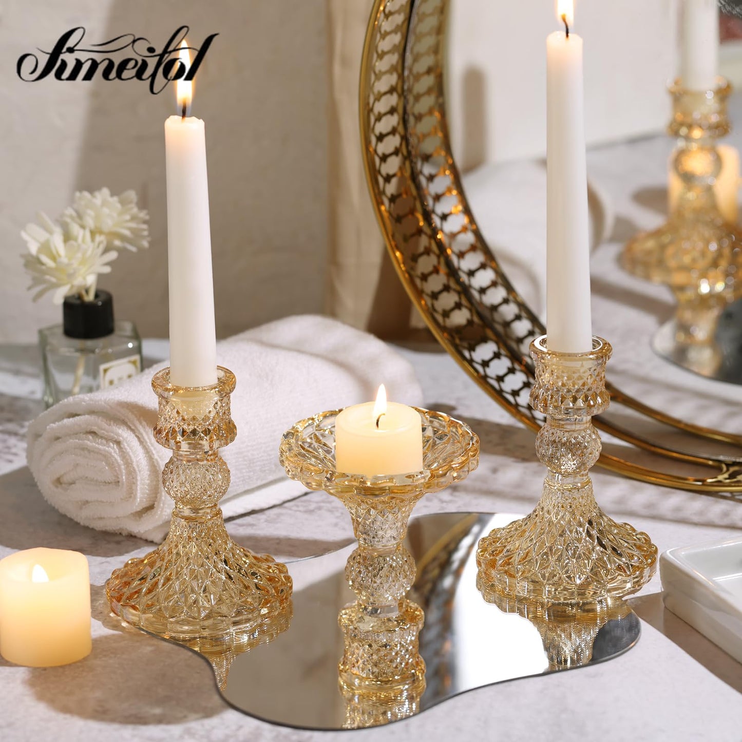 Simeitol Gold Candle Holder Set of 12, Glass Taper Candle Holders, Gold Candlestick Holders, Candle Stick Holder for Table Centerpieces, Wedding, Christmas & Home Decor