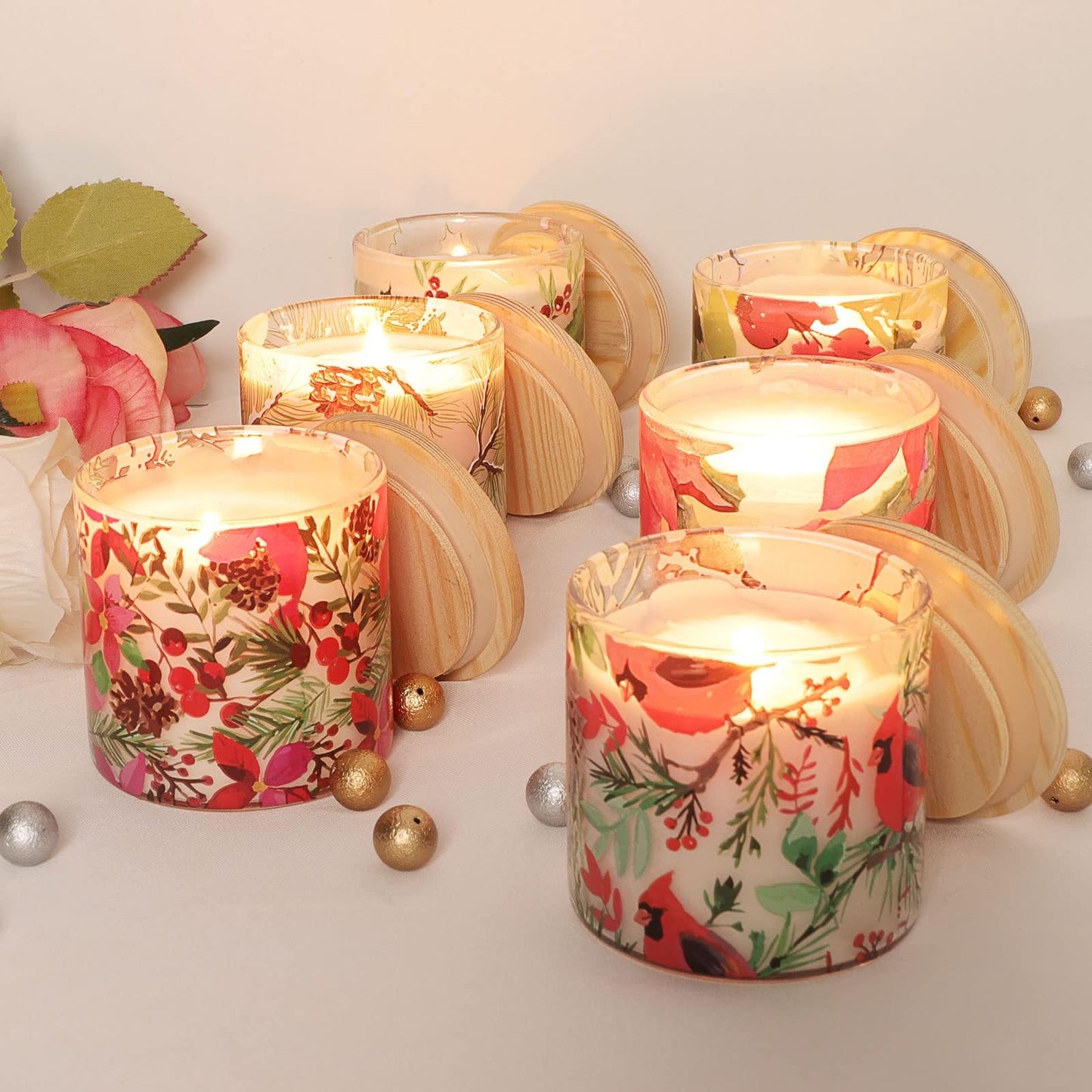 FLAVCHARM 6 Pack Christmas Scented Candles with Lid Soy Wax Strong Fragrance Different Scent Clean Burn Long Time Aromatherapy Glass Jar Candles for Home Scented Xmas Theme Decorations Gift Set