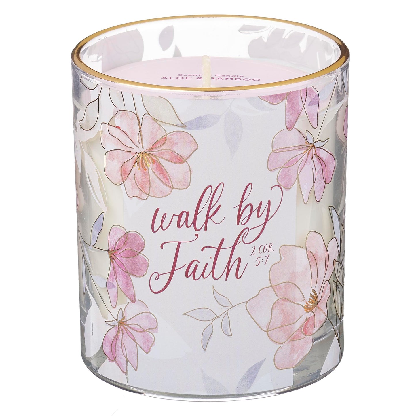 Christian Art Gifts Walk by Faith Scented Candle: Soy Wax, Pure Essential Oils, Aloe & Bamboo Scent, Bible Verse, Floral Design Glass Jar, Encouragement Gift for Women, 40 Hours Burn Time