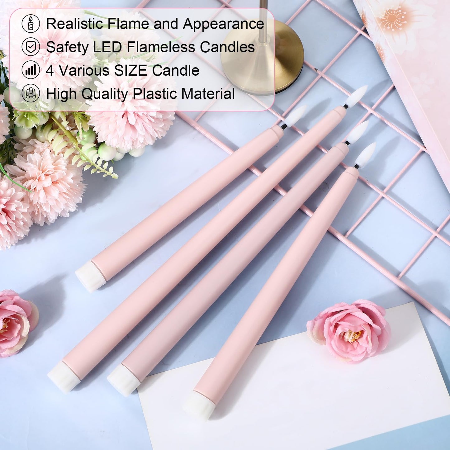 Rossesay 48 Pcs Flameless LED Taper Candles Battery Operated Candles 4 Sizes of 8.5'', 9.65'', 10.83'', 12.8'' Flameless Candlesticks Flickering for Halloween Christmas Church Wedding(Dusty Pink)