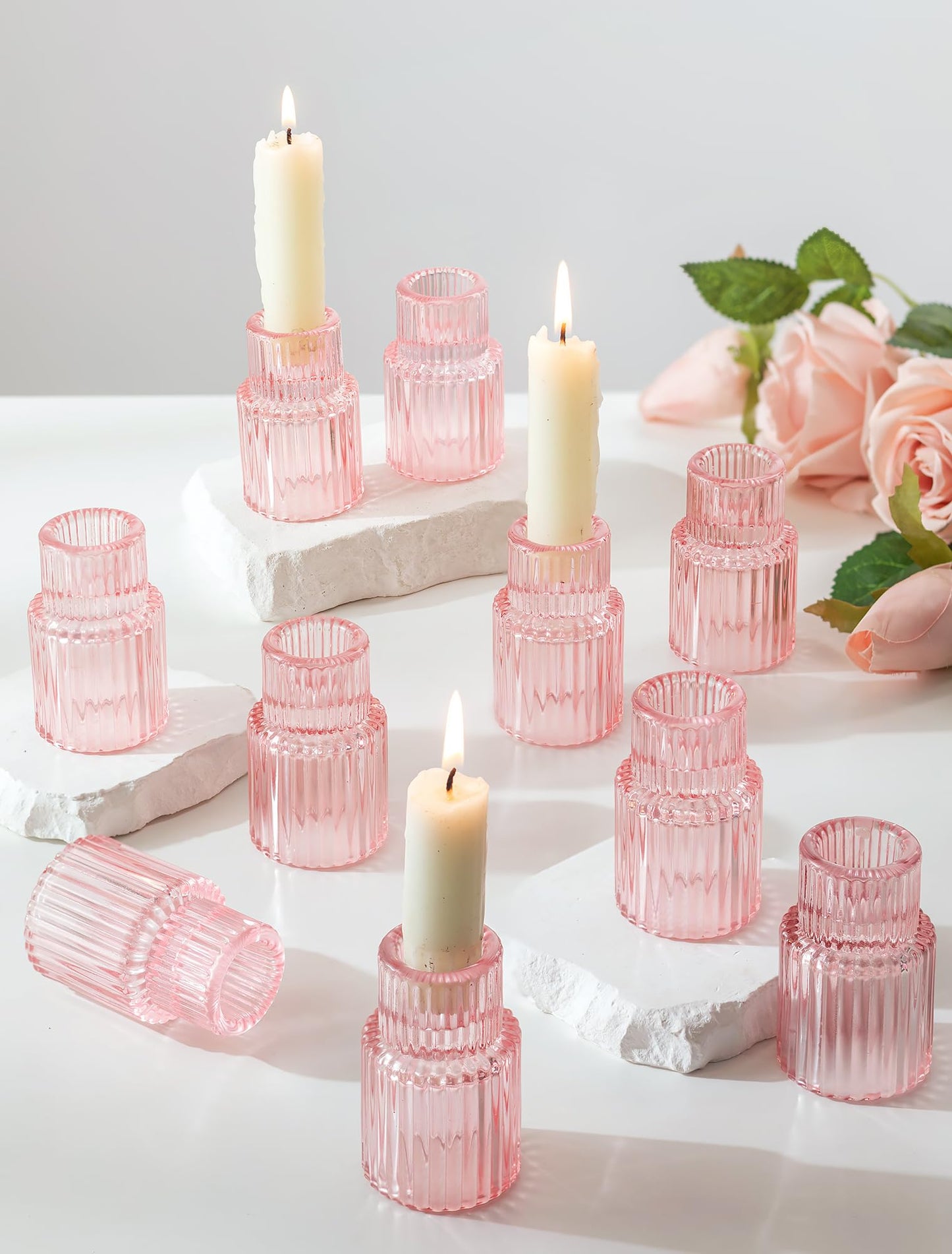 Romadedi Pink Glass Candle Holders - 10 Pcs Ribbed Candlestick Holder Bulk for Table Centerpiece Elegant Taper Holder for Wedding Birthday Party Baby Showers Valentines Mother's Day Christmas