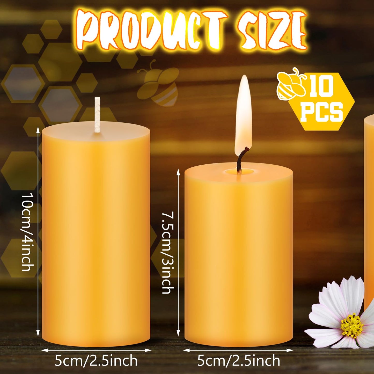 Threlaco 10 Pcs Pure Beeswax Candles Set Natural Unscented Beeswax Pillar Candle 2 x 3 Inch 2 x 4 Inch Smokeless Bees Wax Long Burn Time Scentless Candles for Prayer Room Decoration Home Relax