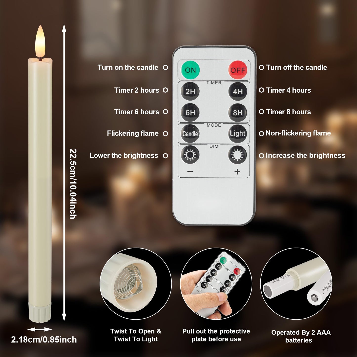 Flameless Taper Candles Battery Operated, Ivory LED Candles with Flickering Flame, 10.23" Plastic Electric Candlesticks, Remote Control & Timer for Home, Wedding, Christmas Decoration (Set of 8)