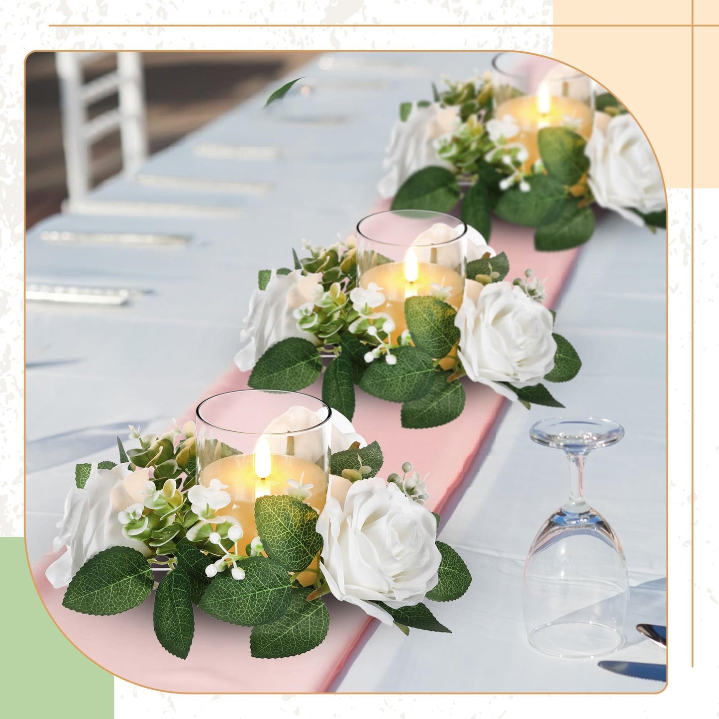 Yunlly 32 Pcs Rose Candle Rings with Flameless Candles Sets, Artificial Flower Eucalyptus Wedding Centerpiece 3 Inch Pillar Candleholders Wreaths for Wedding Party Mother's Day (White)