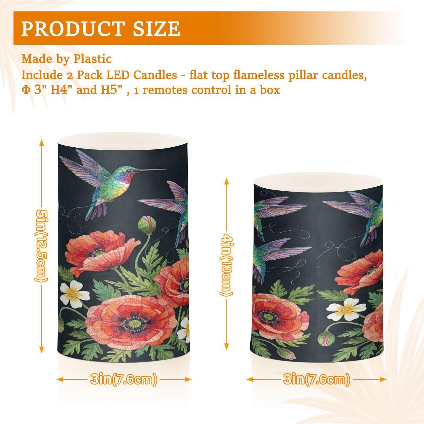 ALAZA Hummingbirds and Flowers Poppies Flickering Flameless Candles Battery Operated with Remote Timer,Tea Light Candles LED Pillar Votive Candles Set of 2 for Outdoor Indoor Decorations