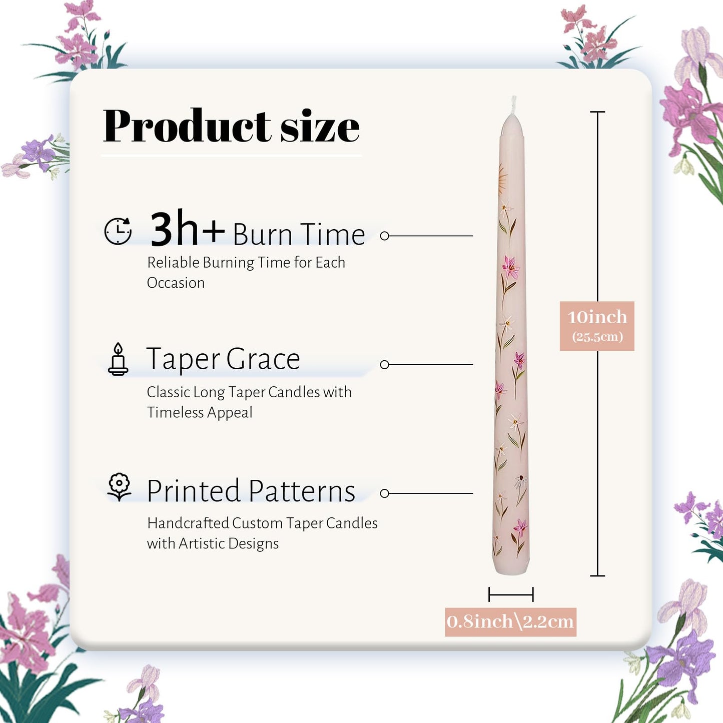 Taper Candles 10 Inch Print Candle Handmade Unscented Light Pink Iris Long Candles 2 Pack Twisted Candlesticks for Wedding Home Decoration Gifts