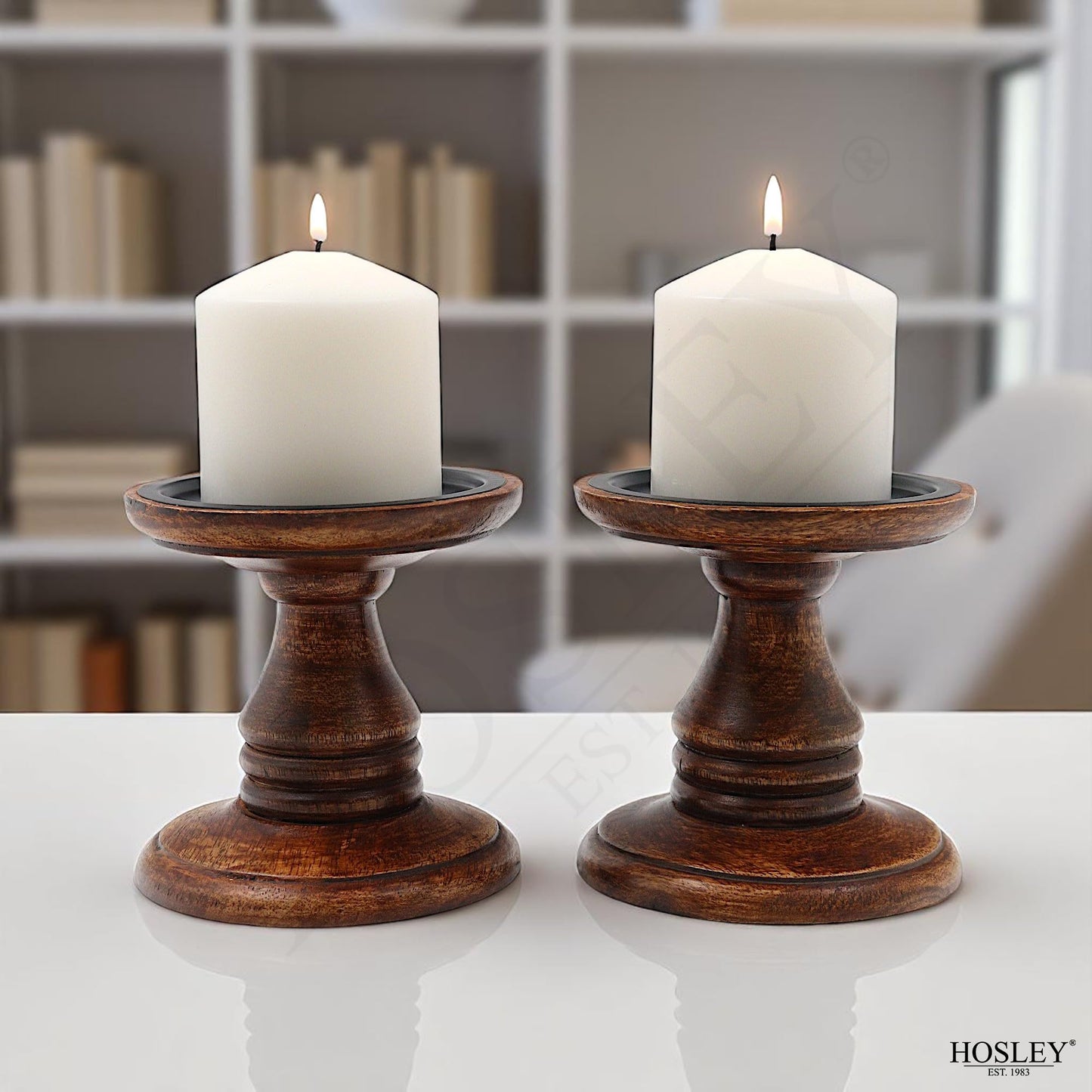 Hosley Set of 2 Brown Wood Pillar Candle Holders 5 Inch High Ideal Gift for Weddings Bridal Party Spa Reiki Meditation Votive LED Pillar Candle Gardens