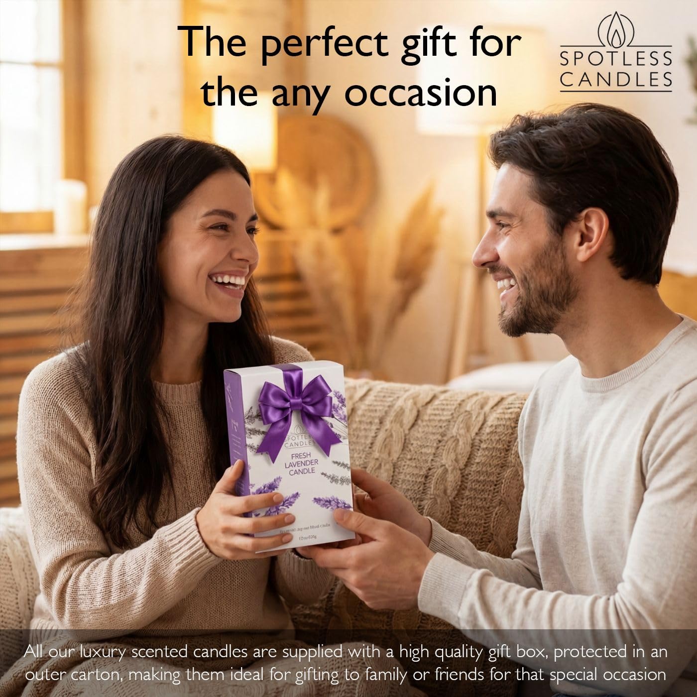 Lavender Candle 22oz: 130 Hours Burn Time, Large Jar Candle with Wooden Wick in a Decorated Jar with a Luxury Gift Box and Protective Shipper by Spotles Candles