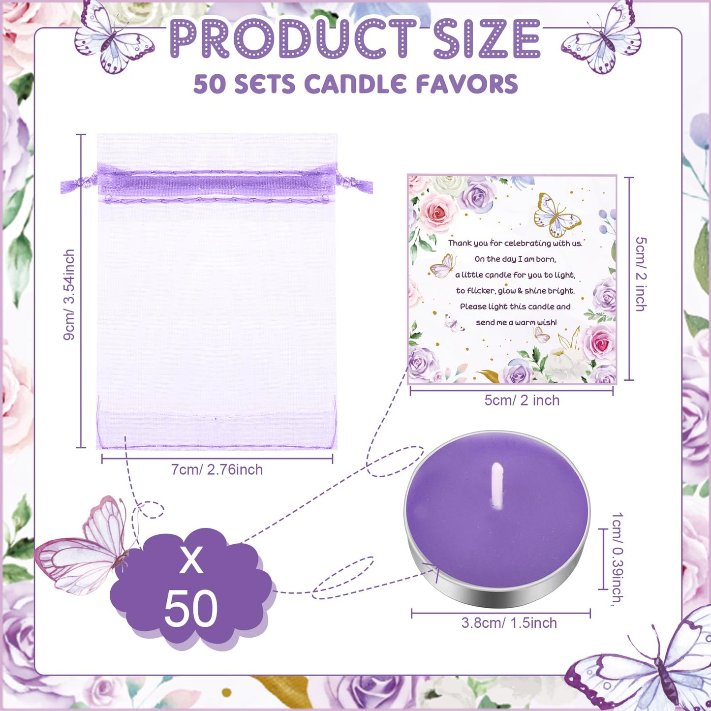 MTLEE 50 Sets Baby Shower Party Favors Candles Including 50 Pcs Tealight Candles Thank You Cards Baby Shower Bags for Guests Prizes Gender Reveal Party Decorations(Purple,Butterfly)
