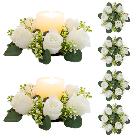 NUPTIO Flower Wreath for Table Centerpieces: 9.05 Inch Small White Artificial Candle Rings for Wedding Party Christmas Decorations - 6 Pcs Rose Wreaths for Spring Summer Front Door Porch Decor 2 Pcs