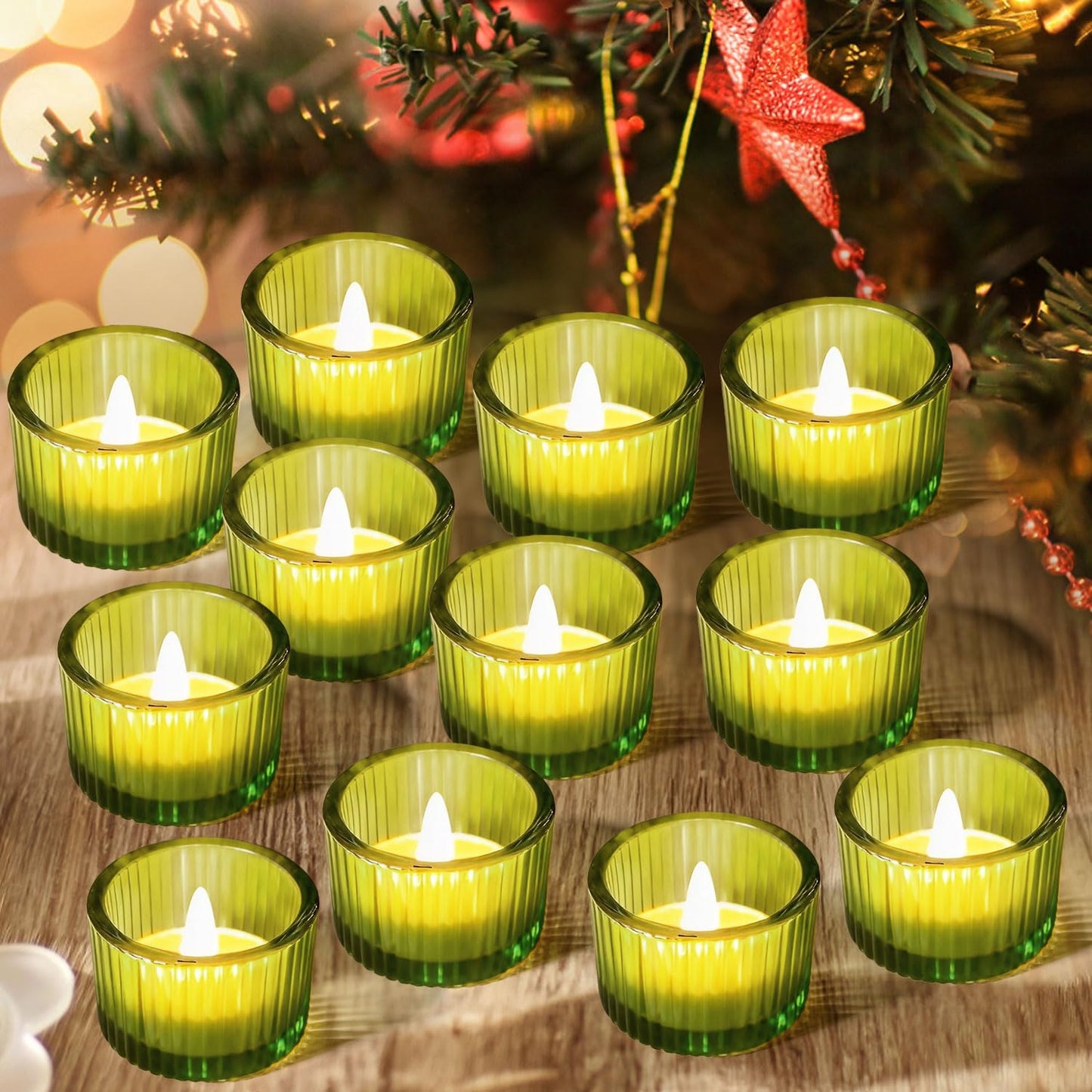 JOYIT Green Votive Candle Holders Bulk Set of 12, Tealight Candle Holder for Wedding Table Centerpiece, Glass Small Candle Holders for Birthday Party, Valentine's Day, Home Decor (2''X 1.4'')