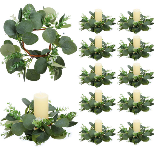 10 Pcs Candle Rings Eucalyptus Wreath, 9.8 Inch Green Artificial Eucalyptus Leaves Wreaths Candle Wreath Rings for Wedding Home Door Window Wall Tabletop Indoor Wreaths Decorating